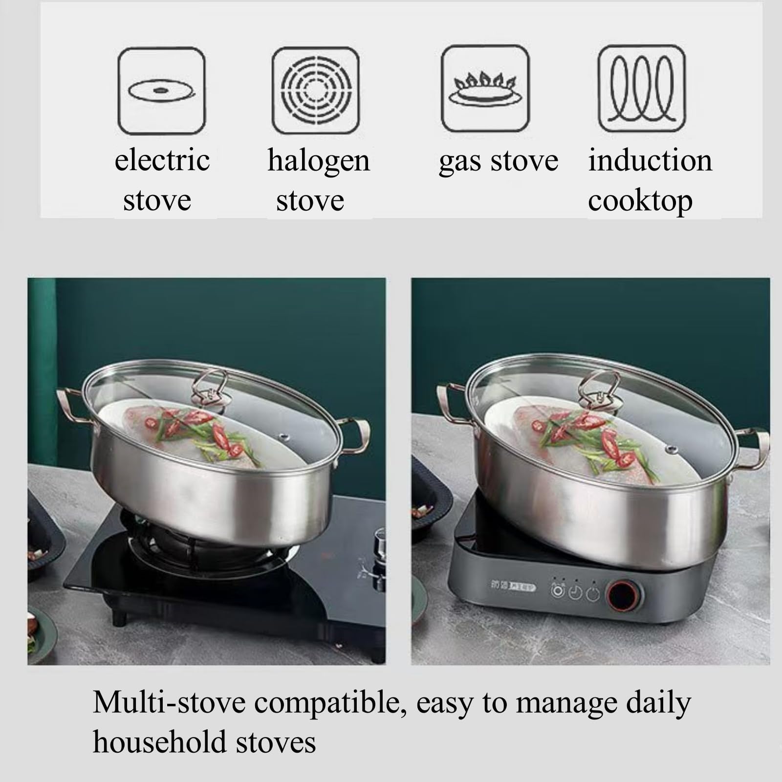 Edelstahl Fisch Dampfgarer Set Großer Dampfgarer Topf zum Dämpfen von Fisch, Kochen von Suppe Multi-Use Oval Kochgeschirr mit Glasdeckel, Gestell, Pfanne, Chuck