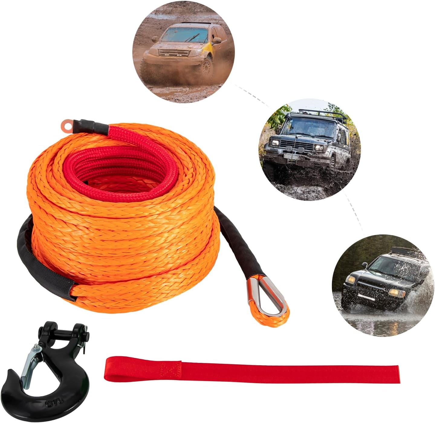 Winch Cable Synthetic Winch Rope 23,809 LBS, with Hook with Protective Sleeve, Car Tow Recovery Cable, for 4WD Off-Road Vehicle Truck ATV UTV SUV Breaking Strength(3/8" x100ft Orange)