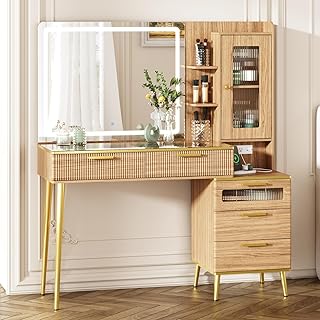 47.24" Big Modern Vanity Desk with Mirror and Lights,Makeup Vanity Desk with 5 Drawers