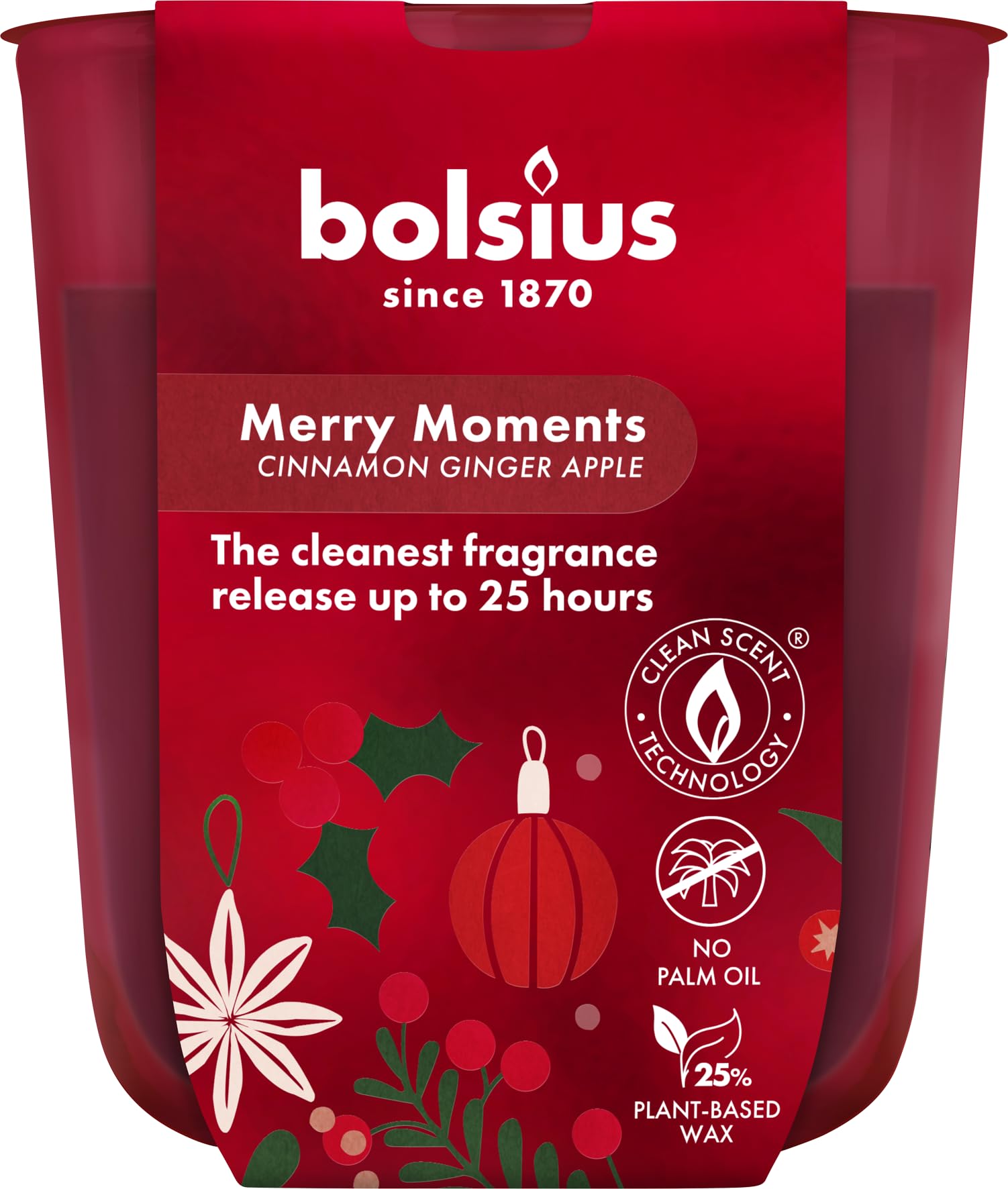 Bolsius - Merry Moments - Scented Candle - Burn time of 25 Hours - 2.4″ × 1.6″ - Natural Extracts – Contains Vegan Wax – No Palm Oil