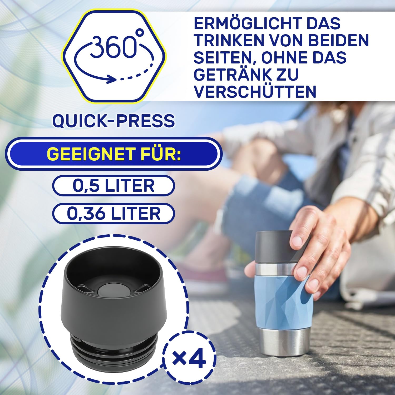 MONTERAL 4 Stück Deckel Thermobecher Edelstahl mit Originalcode SS-513857 für Emsa für Tefal Travel Mug 0.36 Liter und 0.5 Liter - Garantie 10 Jahre