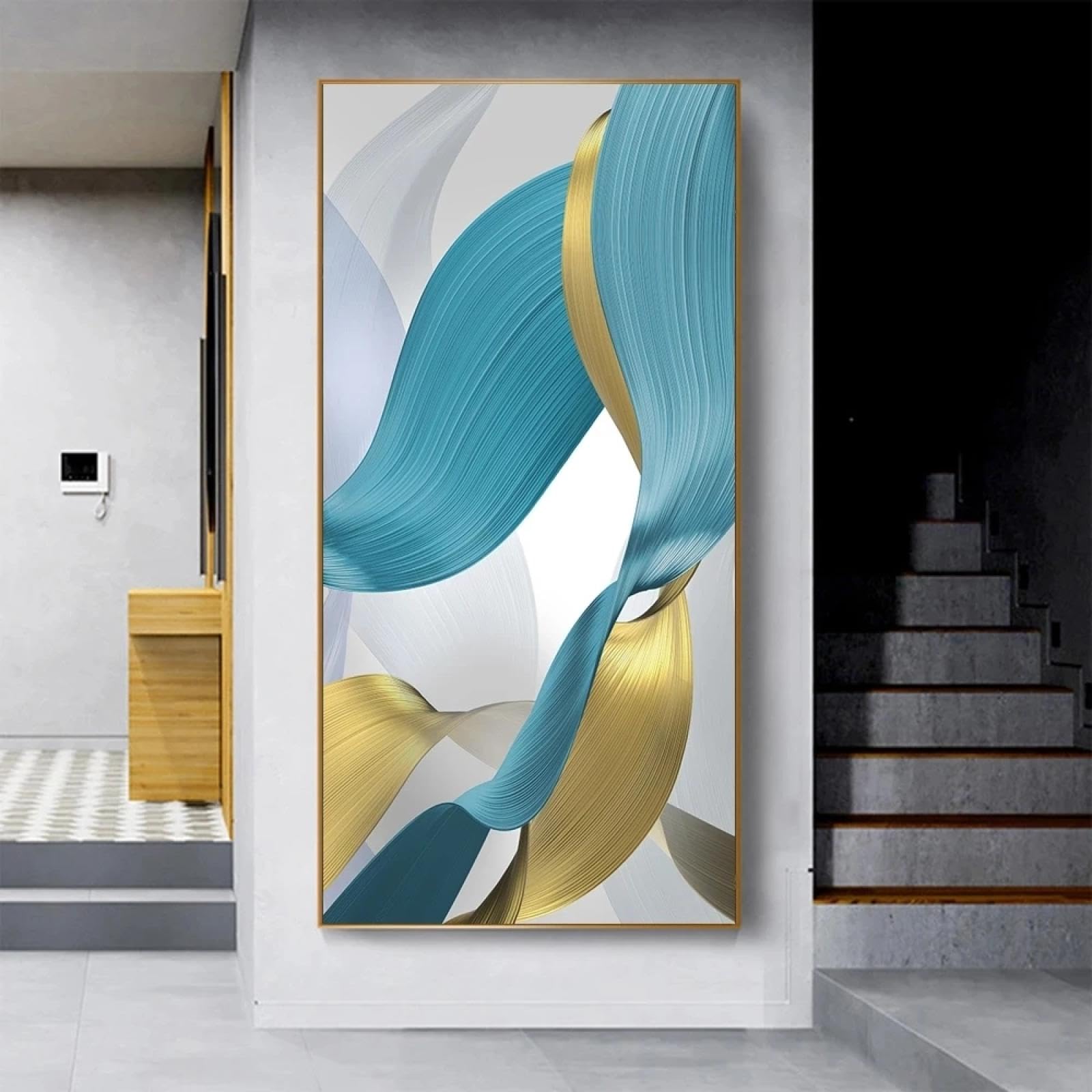 Wandkunst, gerahmt, abstraktes modernes Band-Poster, gelb-blaue Textur, Wandkunst, Bilder, Druck, Leinwand, Gemälde, Wohnzimmerdekoration, 50 x 125 cm, mit goldenem Rahmen, fertig zum Aufhängen