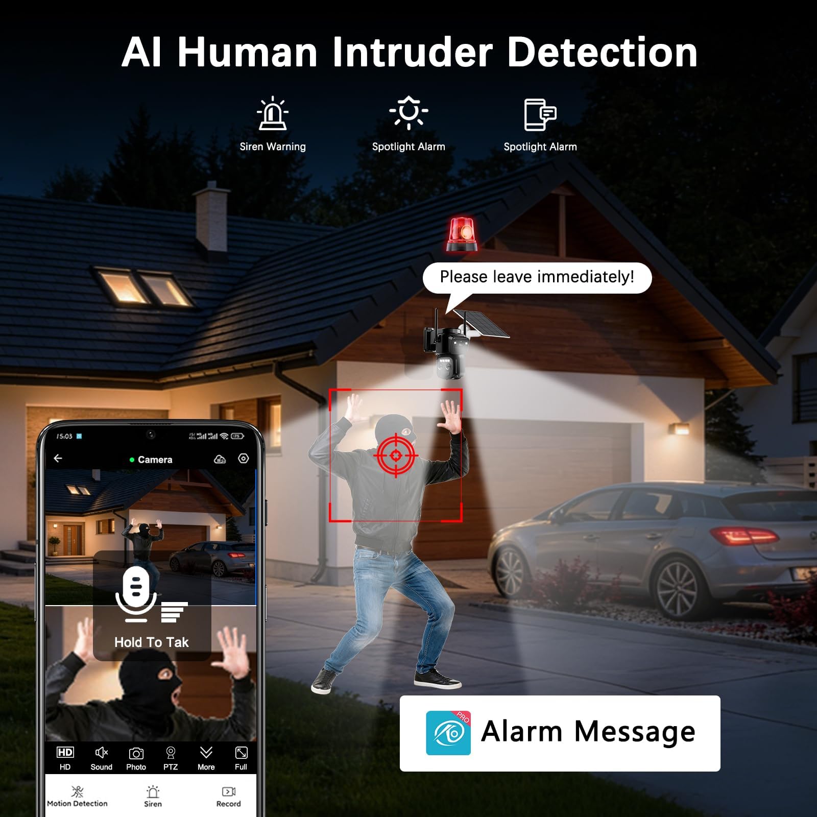 Cámara de vigilancia WiFi exterior inalámbrica 4K, triple objetivo 10X, cámara exterior solar con panel, detección humana PIR, visión nocturna, audio bidireccional, seguimiento automático, IP66, 2