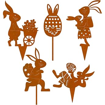 Easter Bunny Decoration Pack of 5 Garden Stakes Easter Rust Flower Pot Decoration for Outdoor Use Rust Metal Easter Decoration Rabbit Rust Stake for Easter and Spring Garden Decoration