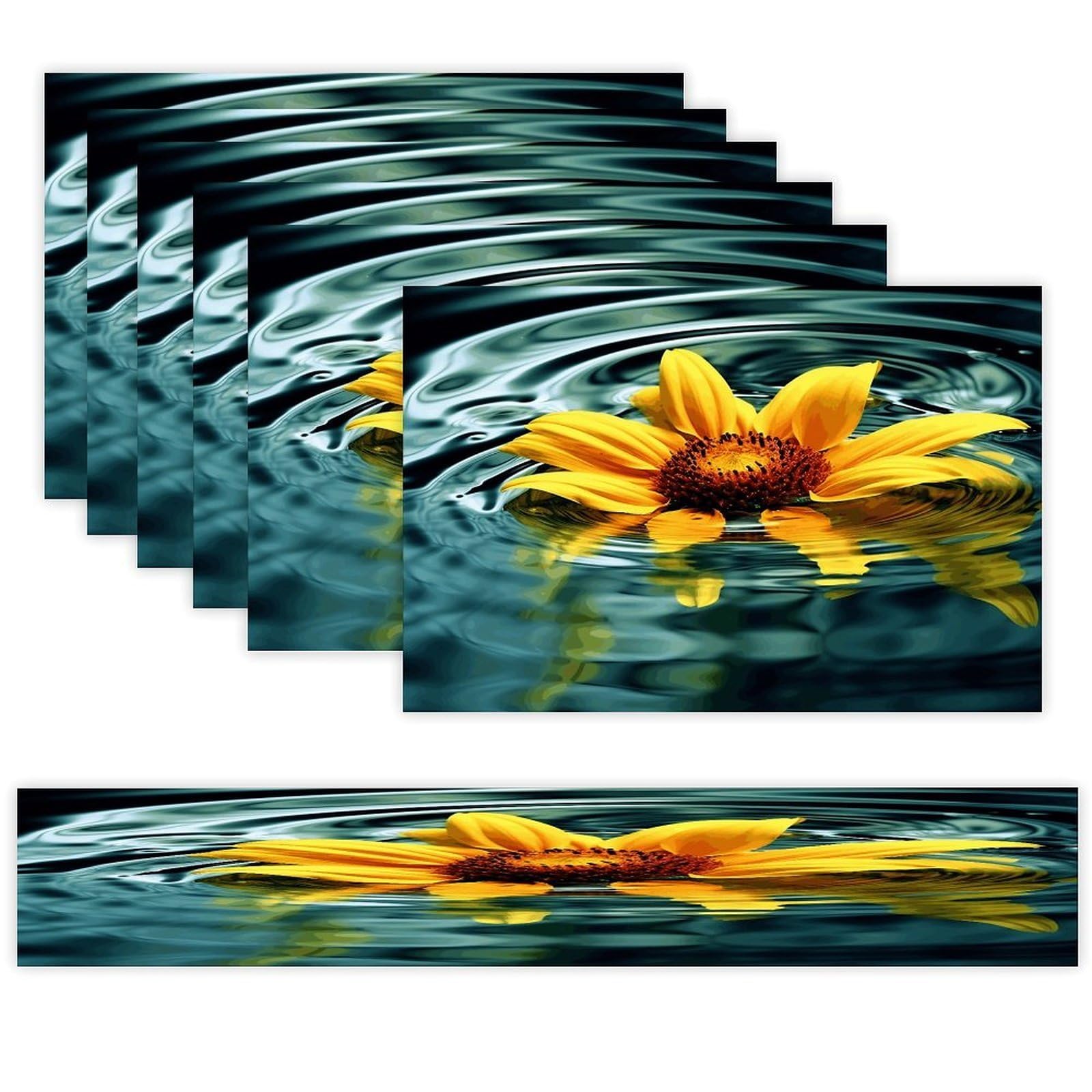 Sunflower in Water Table Runner and Placemats Set of 6 for Kitchen Washable Table Mats Heat Resistant Place Mats Non-Slip Place Mat Wipeable Placemat(6 Placemats+1 Table Runner)