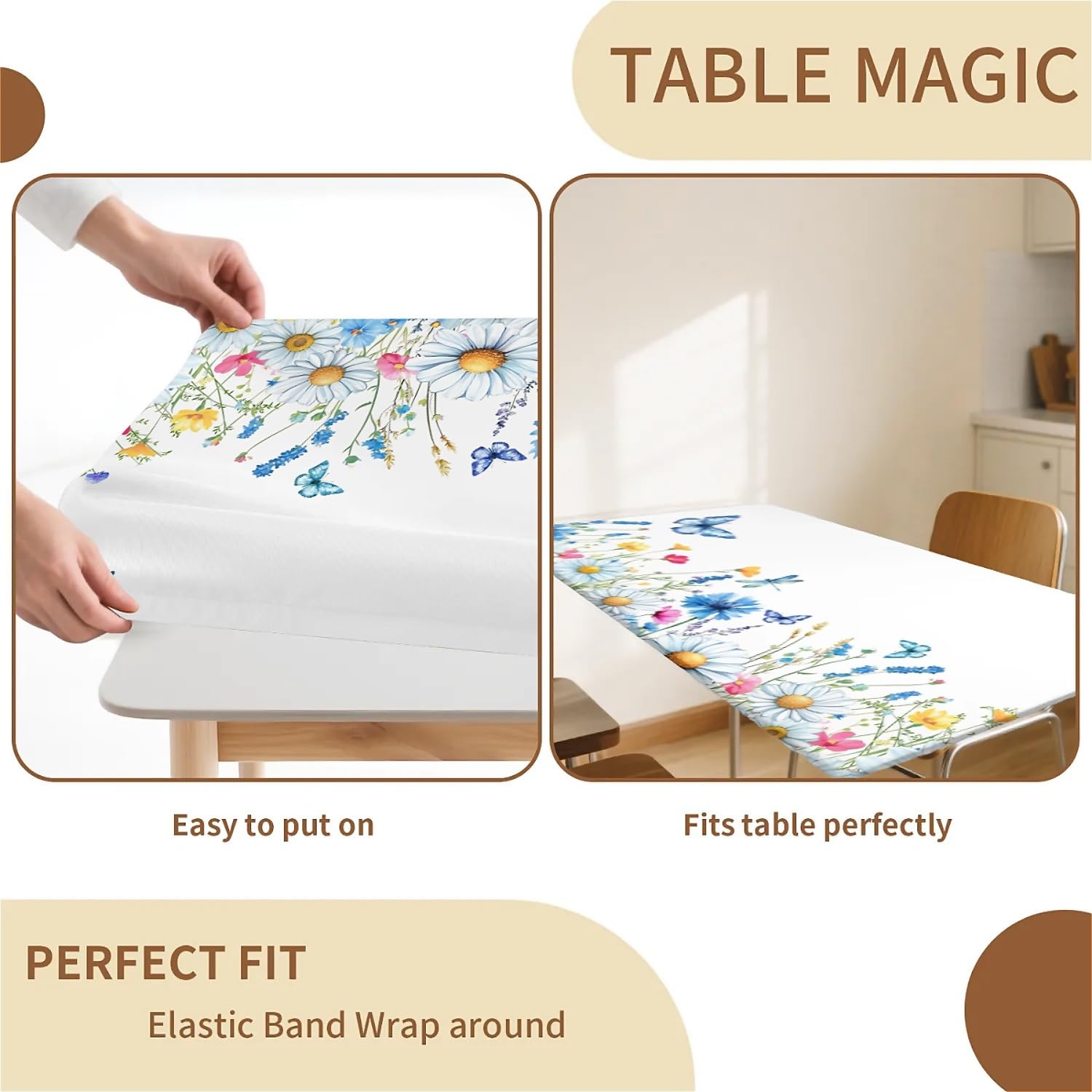 artslion Rectangle Waterproof Tablecloths Elastic Edge for Secure Fit-30 x 72 inch Wipeable Table Cover Non-PVC Fabric Blue butterfly chamomile Designs Indoor Outdoor Use - Image 2