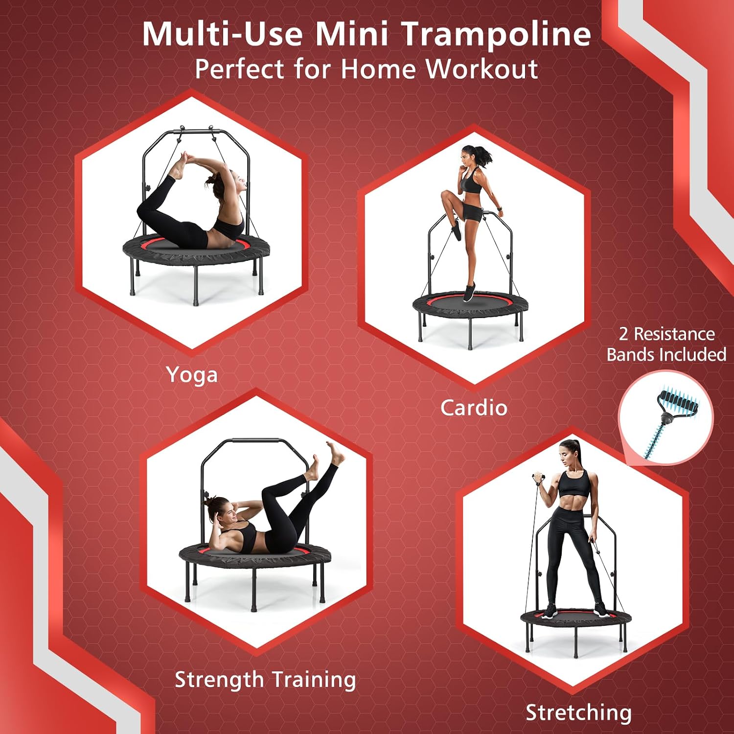 Giantex 40" Foldable Mini Trampoline, Indoor Fitness Trampoline with 42.5''-51.5" Height Adjustable Handle, Resistance Bands, Rebounder Exercise Trampoline for Adults, Kids