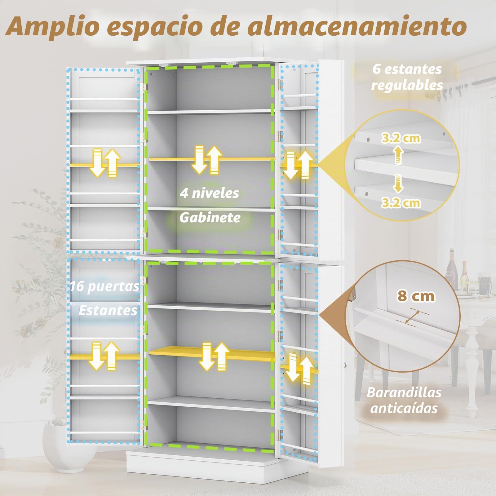 KOMFOTTEU Aparador de Cocina con 4 Puertas, Armario Despensa de 8 Niveles con Estantes Ajustables, Mueble de Almacenamiento con Kit Antivuelco para Sala de Estar, Comedor, 60 x 35 x 166,5 cm