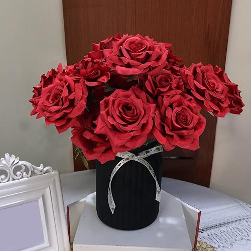 Miniatura 3 de Lucky flower Juego de flores artificiales de seda roja polvorienta, caja de rosas falsas para ramos de boda, decoración de mesa de despedida de