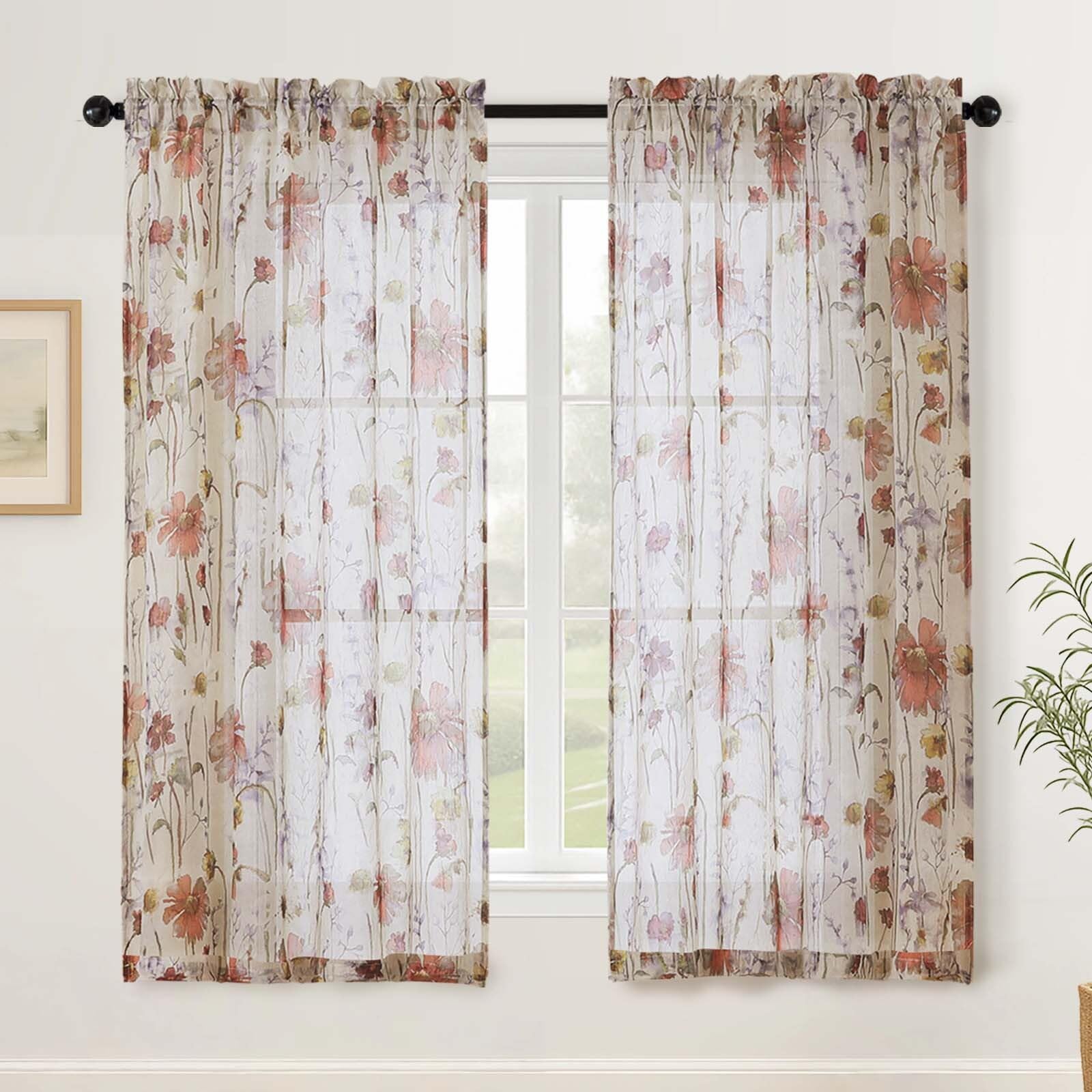 Simplebrand Printed Floral Short Sheer Curtains 137 cm Length 2 Panels, Light Filtering Crushed Texture Semi Sheer Drapes for Bedroom Living Room, Farmhouse Rod Pocket Cafe Curtains, 130Wx137L cm