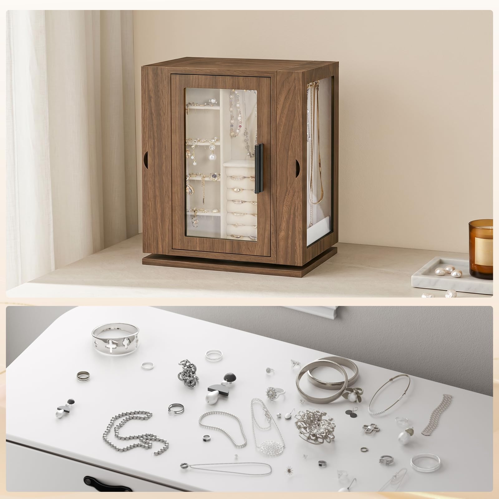 HOOBRO Caja Joyero, Organizador de Joyas Giratorio de 360°, Caja para Joyas con 5 Cajones, con Puerta de Acrílico, Expositor de Joyas con Forro de Terciopelo, para Collares, Anillos, Nogal EBH30JB04