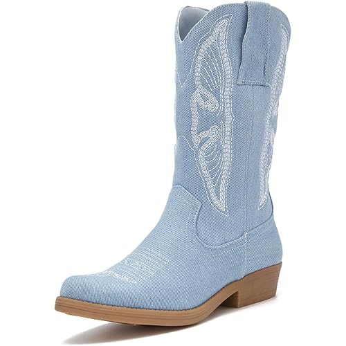 ALLOT Women's Embroidered Western Cowboy Boots Pull-On Tabs Pointed Toe Block Heel Mid Calf Cowgirl Boots