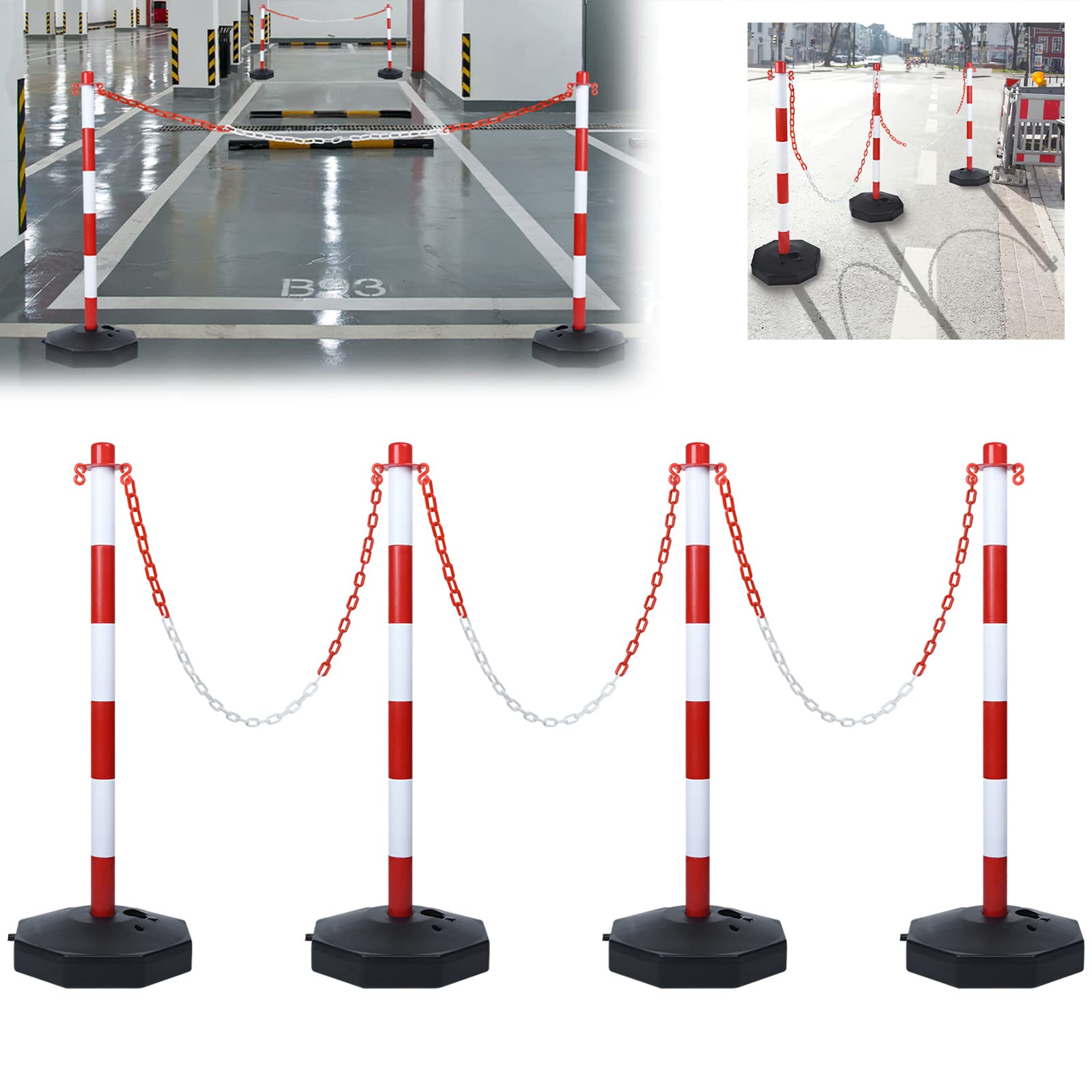LZQ Juego de 4 postes de cierre con 4 cadenas de plástico para control de tráfico y advertencia, color rojo y blanco, 82 x 28 x 28 cm