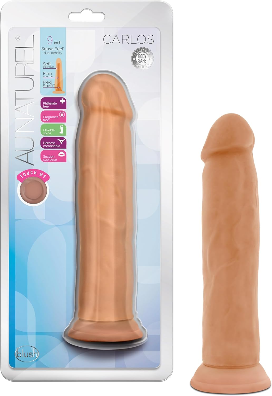 Blush Novelties Au Naturel Carlos - Realistic 9 Inch Long Sensa Feel Dual Density Dildo - 2Thick - Flexishaft Bendable Body - Strap On Compatible Suction Cup for Hands Free Play Sex Toy