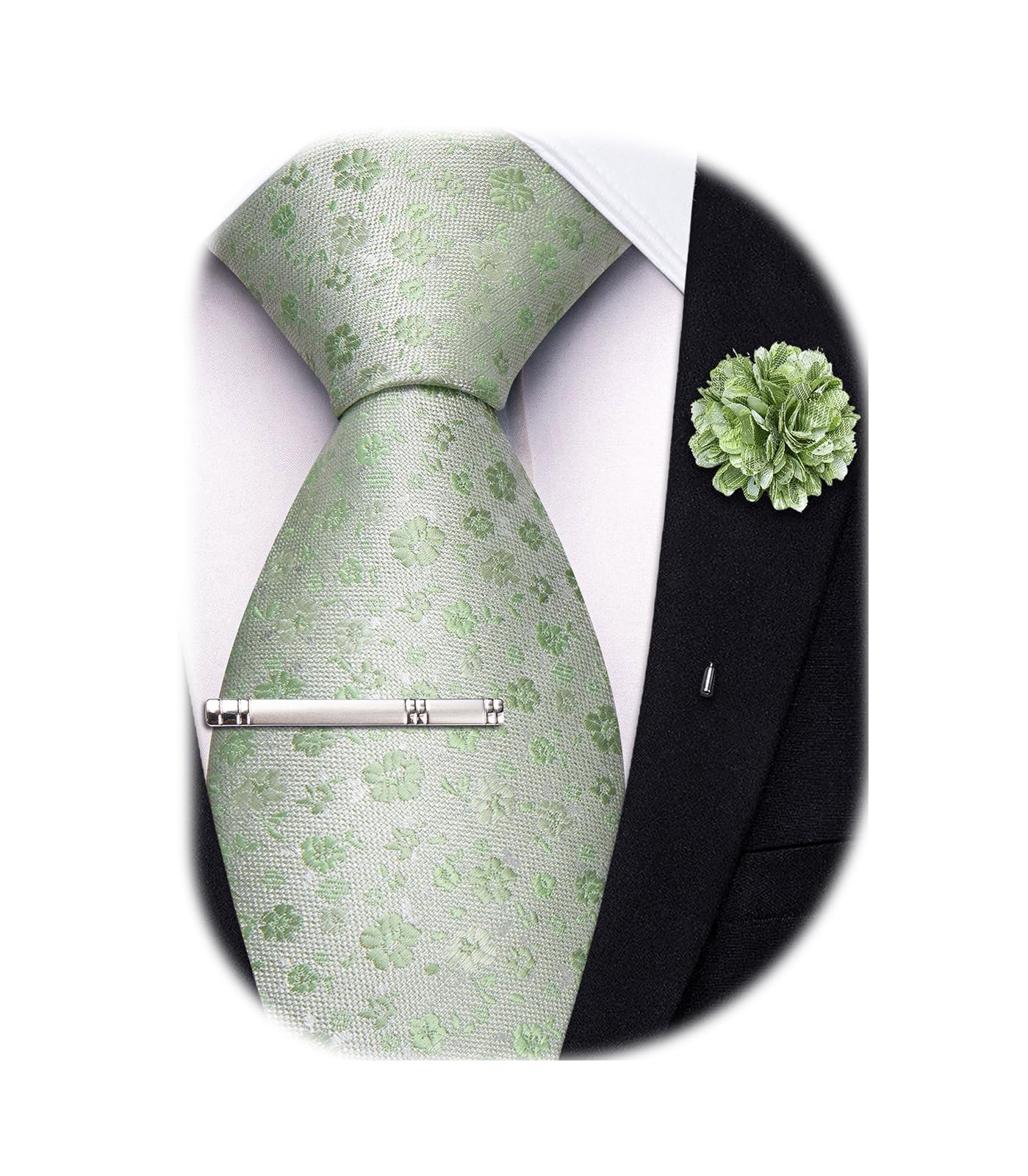 Hi-Tie Sage Green Extra Long Silk Ties for Men 63 inch Floral Necktie with Lapel Pin Tie Clip Big and Tall Men Formal Wedding