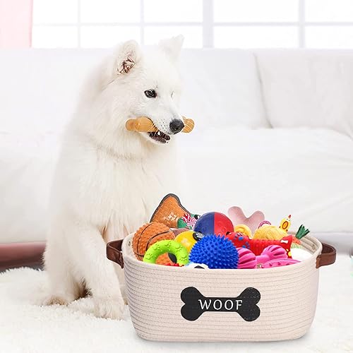 Miniatura 7 de Brabtod Cesta de almacenamiento de juguetes de cuerda de algodón para perros, tamaño mediano, contenedor de juguetes para perros con asa,
