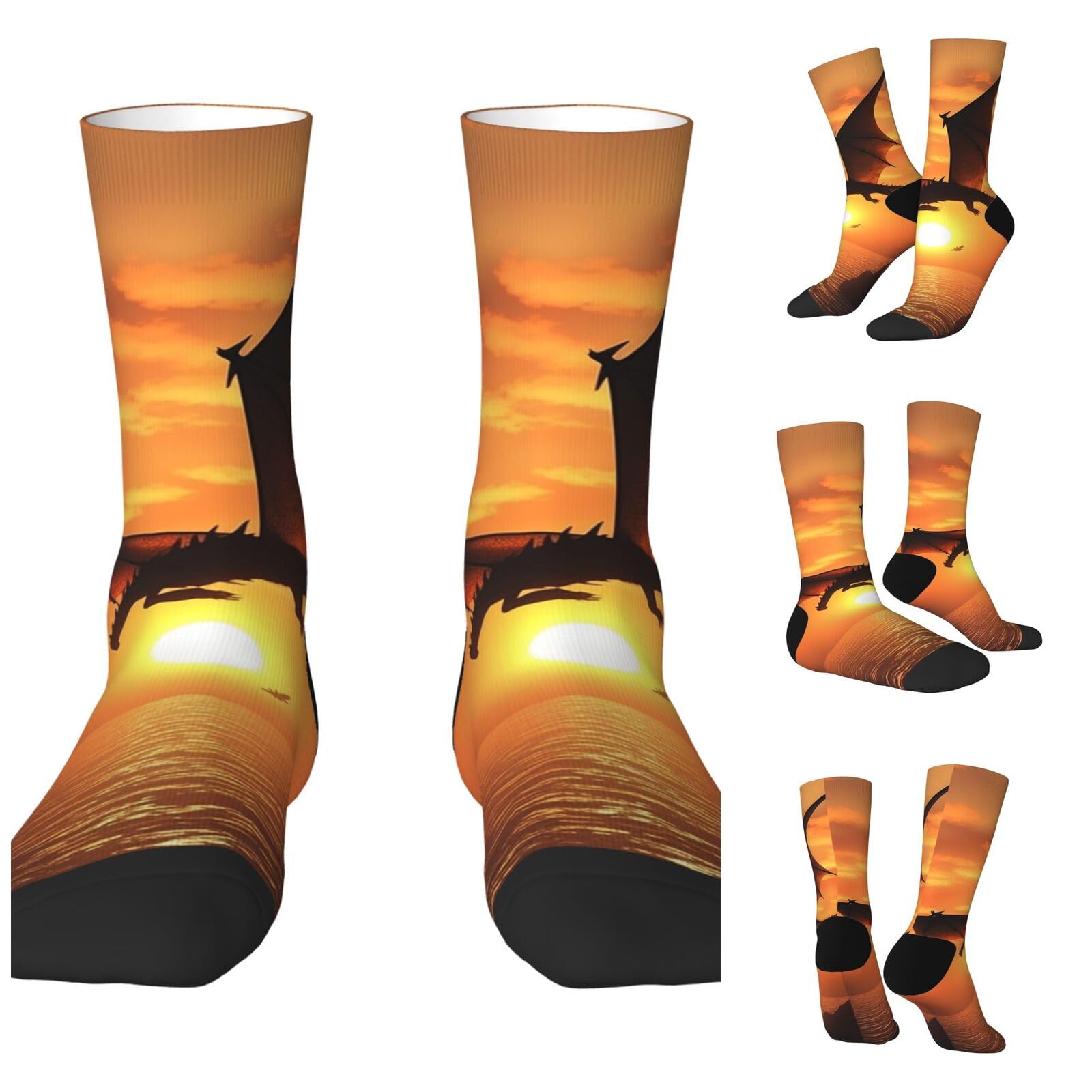 LZQPOEAS Sea Sunset Flying Dragon Athletic Socks Unisex Cushioned Crew Socks Hiking Running Calf Sock Soft Above Ankle Sock