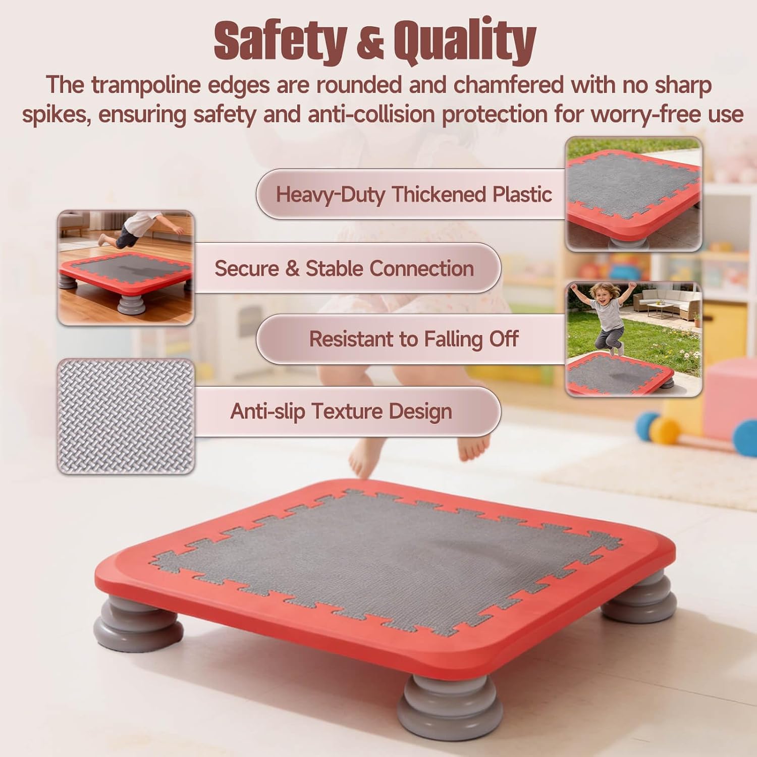 25" Square Mini Trampoline Board for Kids, Indoor Sensory Rebounder & Safe Jumping Pad with Non-Slip Base, Develops Balance Coordination & Motor Skills, Durable for Ages 3-12, Holds 165 lbs