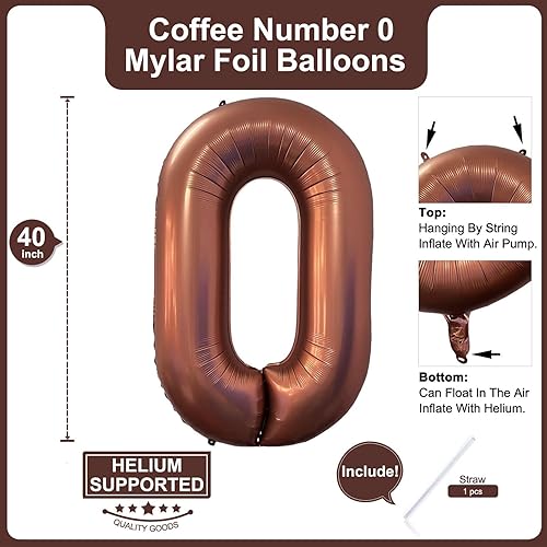 Miniatura 2 de Globo marrón café número 0 de 40 pulgadas, tamaño grande, papel de aluminio de Mylar retro, globos de helio marrón para fiesta de cumpleaños,