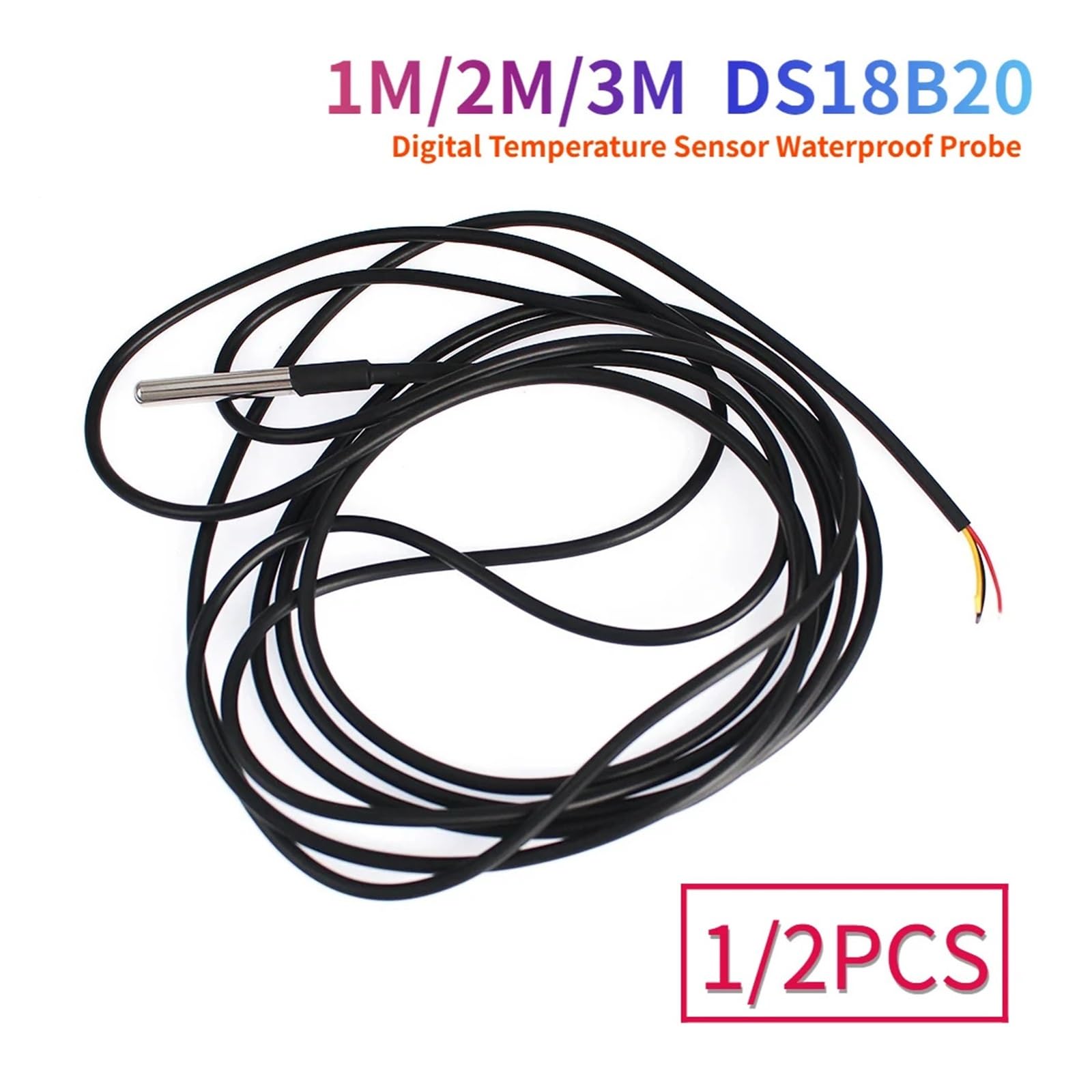 Sensor de sonda de temperatura DS18B20 1/2 piezas 1M/2M/3M impermeable DS 18b20 paquete de acero inoxidable 18B20 100 cm/200 cm/300 cm (1 metro, 2 unidades)