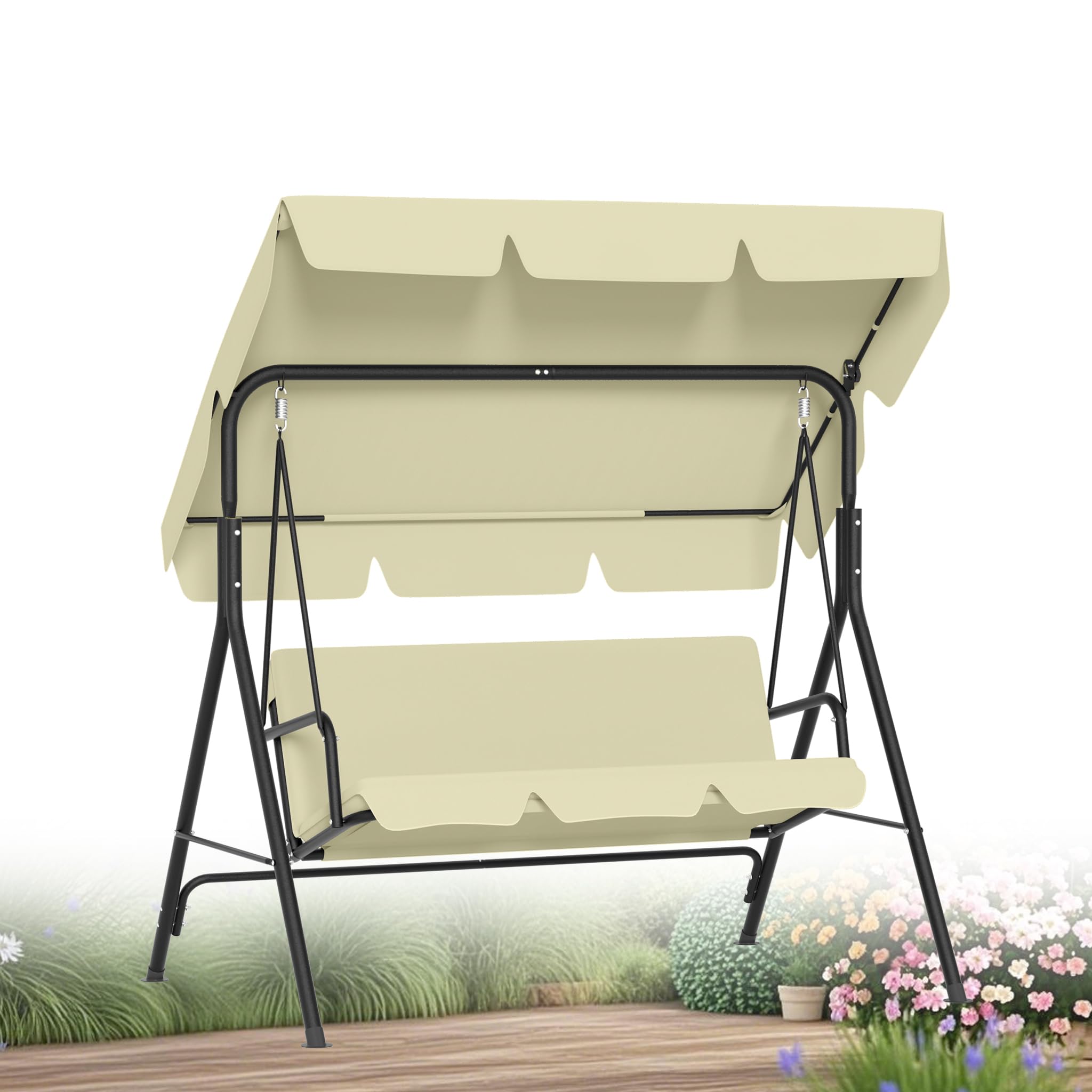 XMTECH Columpio de jardín de 3 plazas con toldo, 193 cm, color beige | Estructura de acero estable hasta 200 kg, ajustable, cojines cómodos, reposabrazos ergonómicos para terraza, balcón y jardín