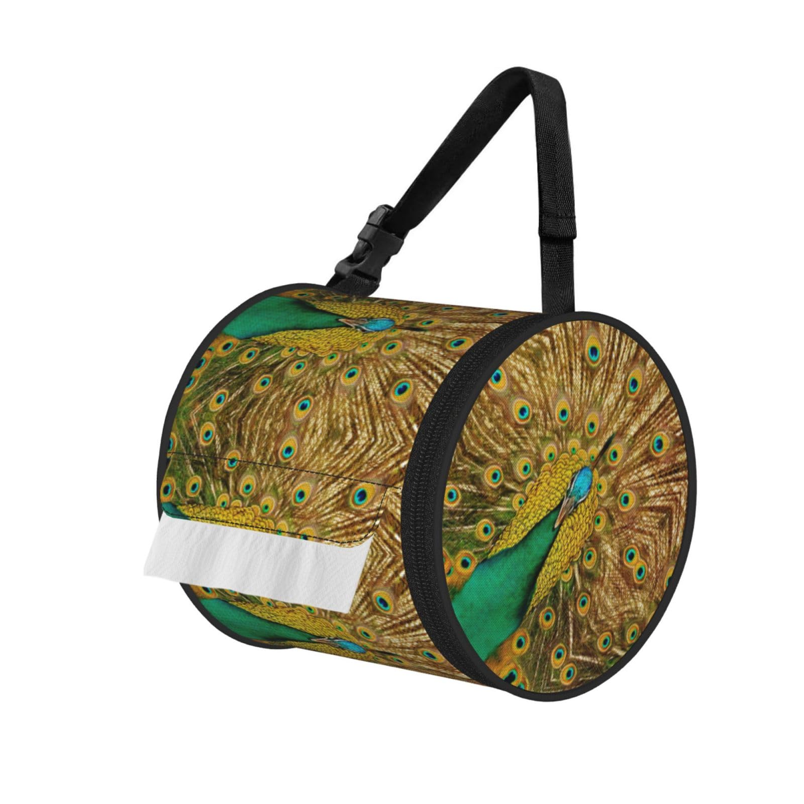 Peacock Printed Hanging Tissue Organizer, Smooth Zipper Oxford Cloth Roll Holder for RV Bathroom Desk