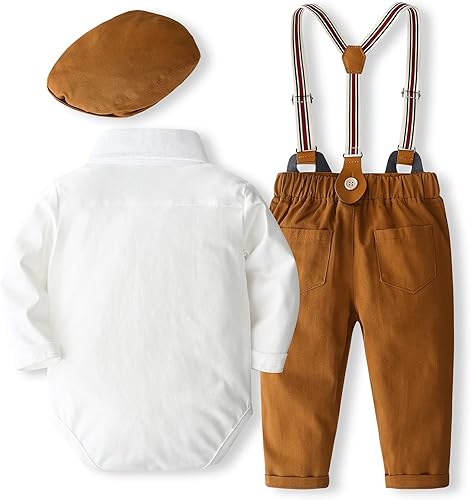 Miniatura 2 de SALNIER Conjunto de ropa de traje de bebé niño esmoquin trajes de caballero trajes de corbatín camisa tirantes pantalones boina sombrero