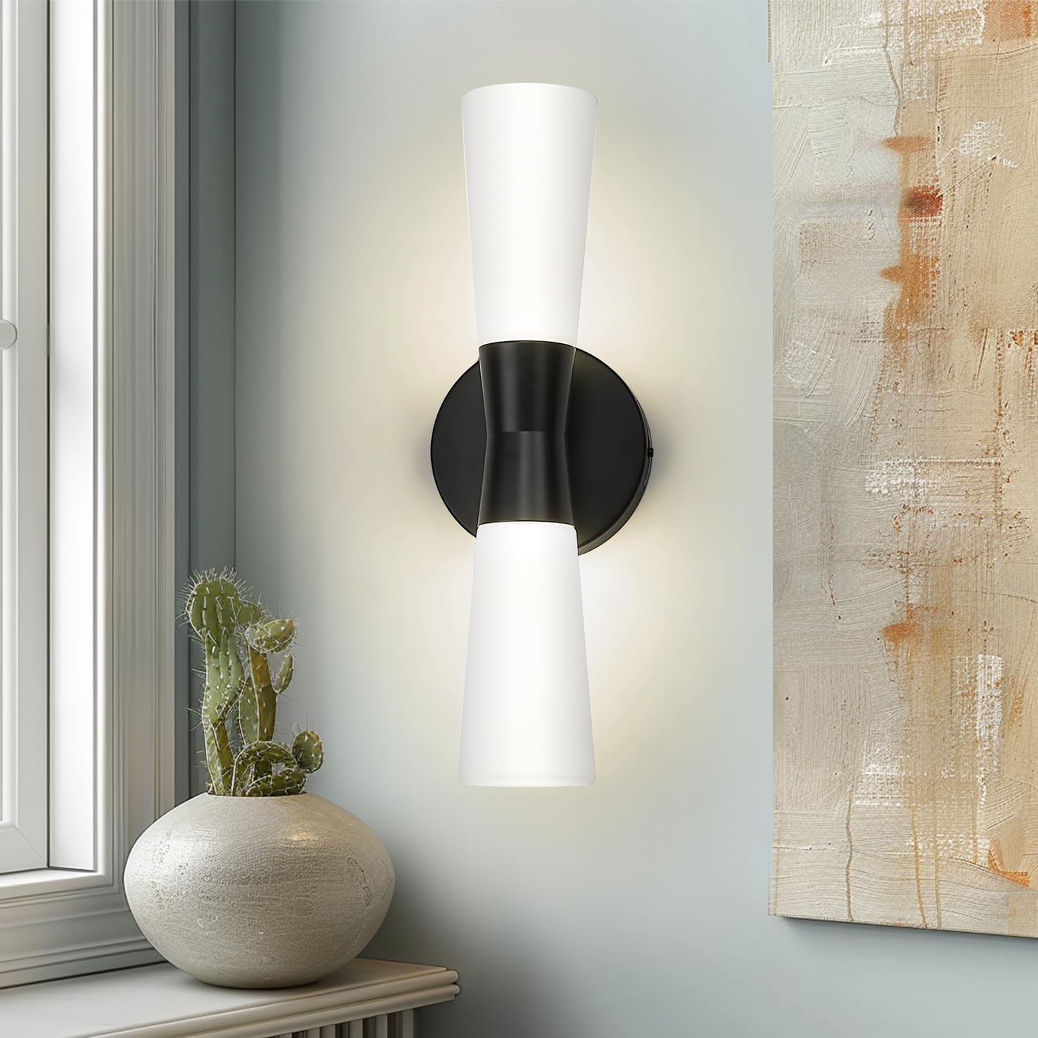 kudos Bathroom Sconces Set of 2, 16inches Black Vanity Light Fixtures, Modern Bathroom Light Fixtures with Milk White Glass, Dimmerable 3000K/4000K/5000K for Bedroom Hallway, KDVL13-BK-2PK