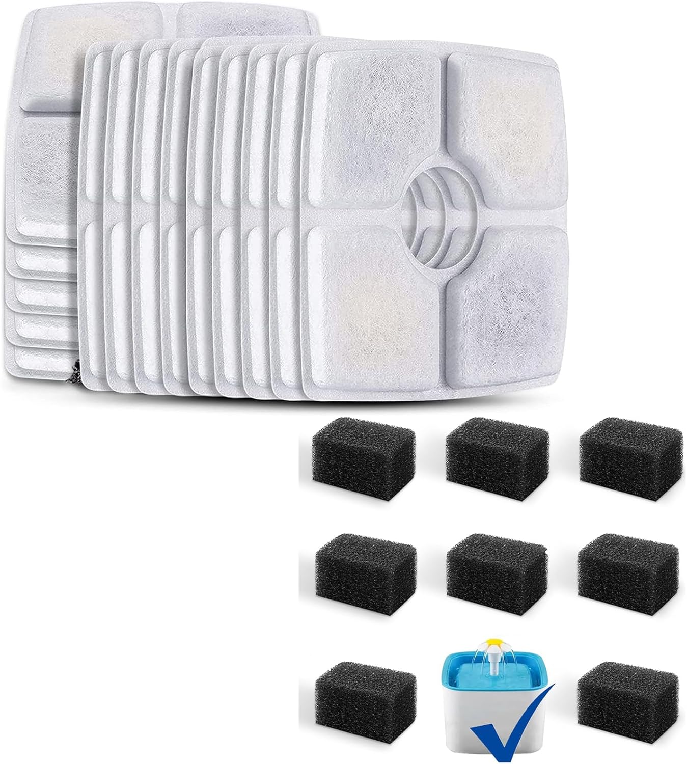 Pack of 16 Pet Fountain Filters and Pack of 8 Sponges