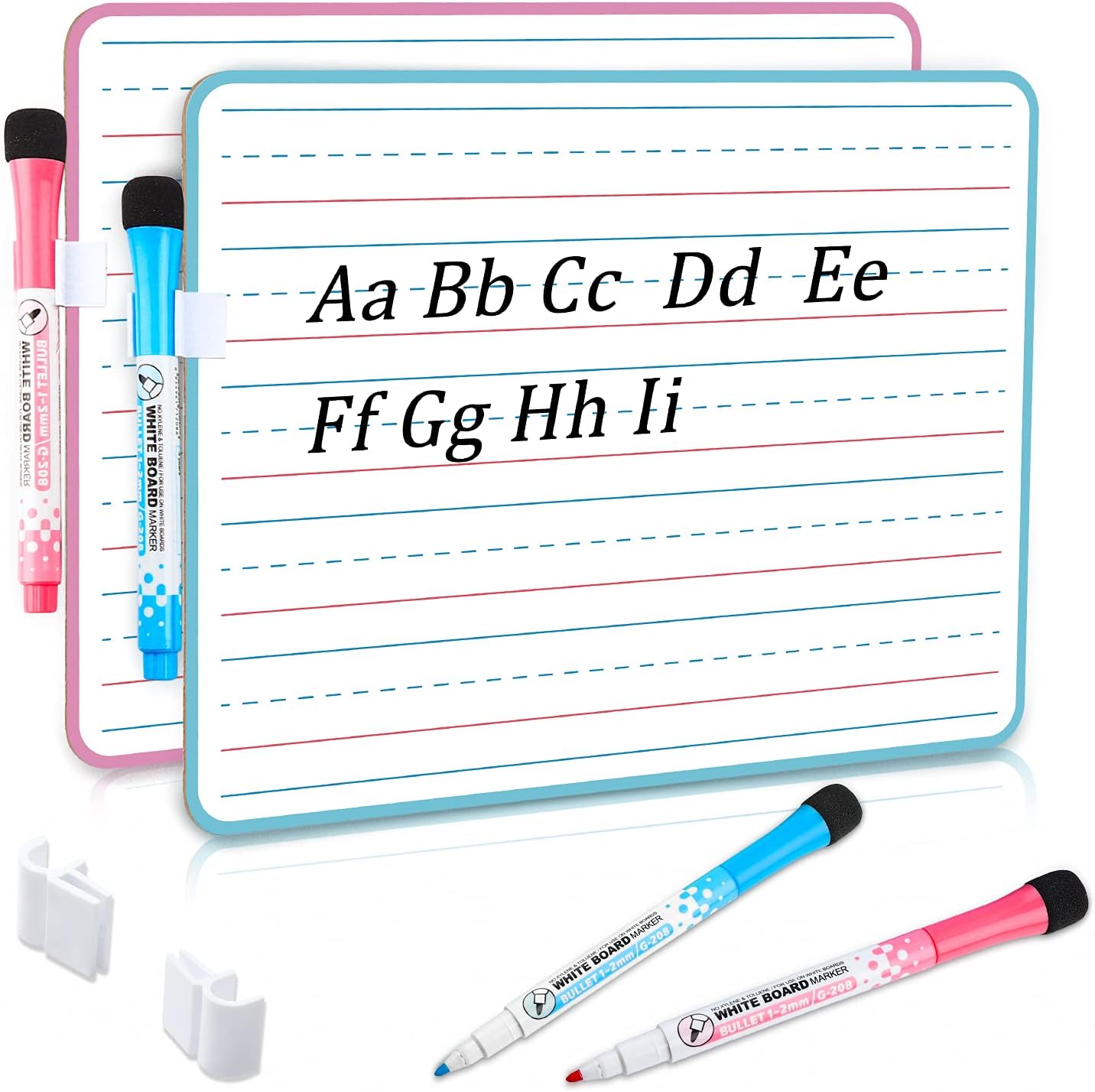 White Board for Kids, 2PCS Double Sided Small Dry Erase White Board with 4PCS Markers and 4PCS Clips, Durable Portable White Boards for Kids Home and School