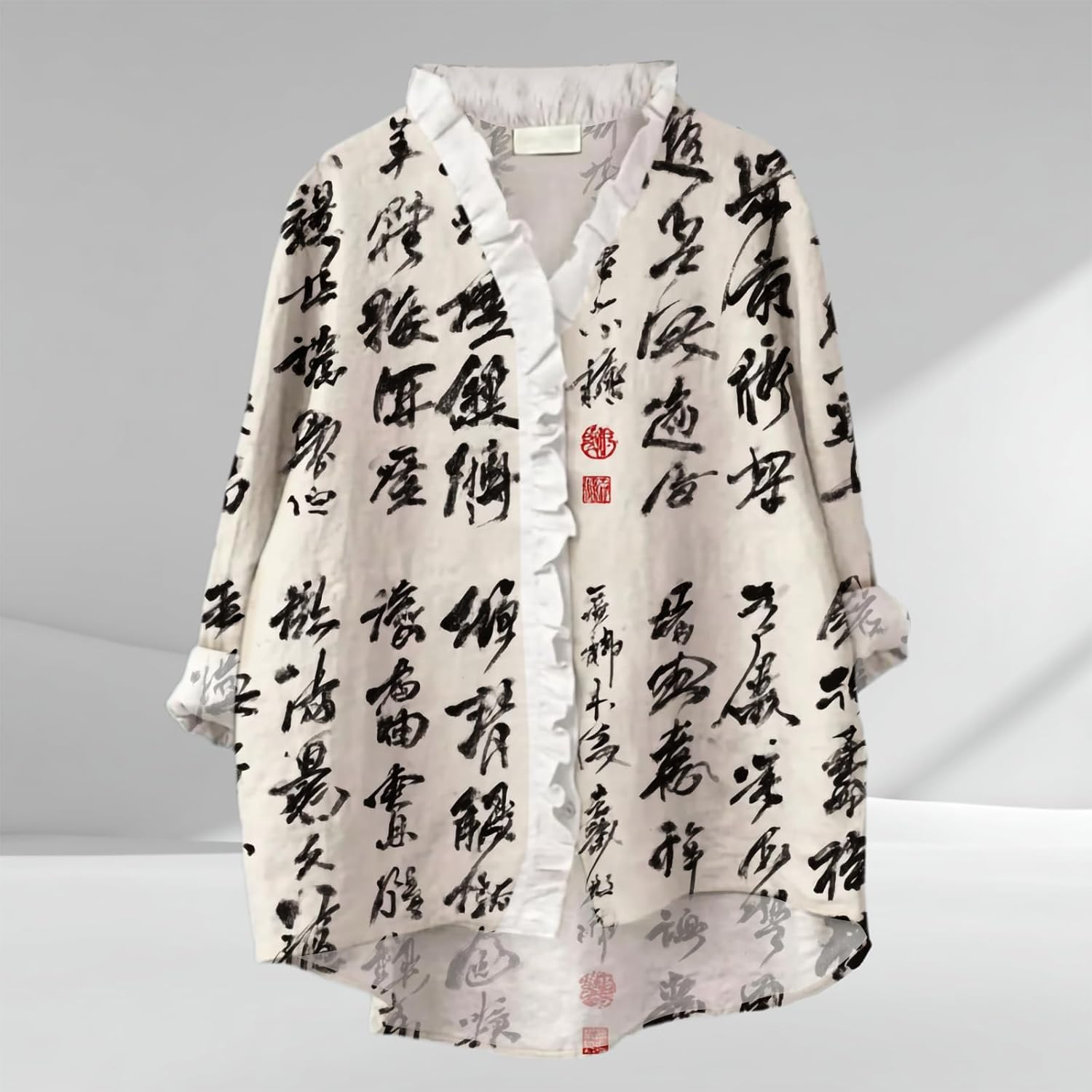 Button Down Shirts for Women Dressy Ruffled V Neck Long Sleeve Tunic Tops Loose Casual Boho Patchwork Print Blouses