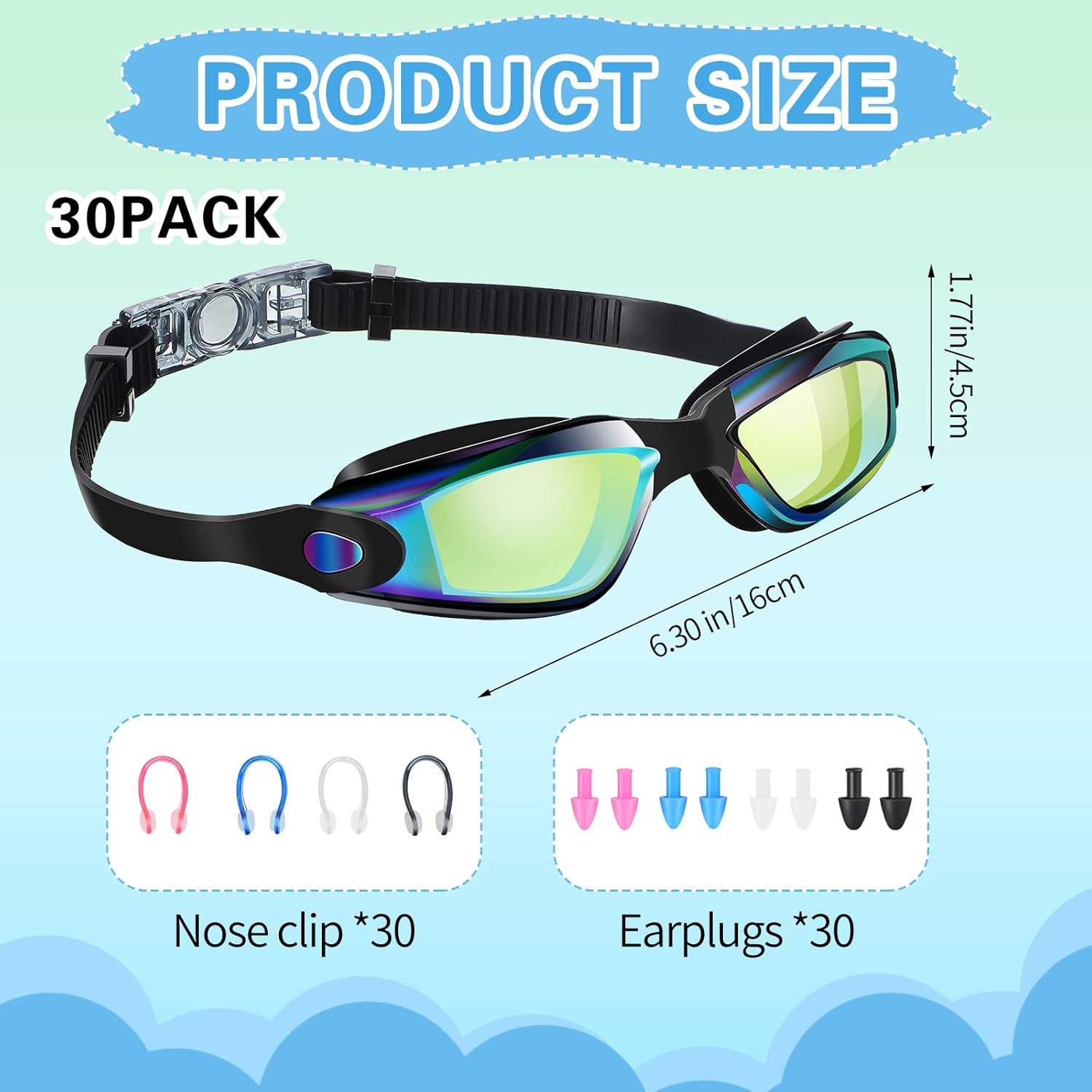 Yexiya 30 Pairs Swimming Goggles with Nasal Clip and Earplugs, Anti Fog, UV Protection No Leaking Summer Wide View