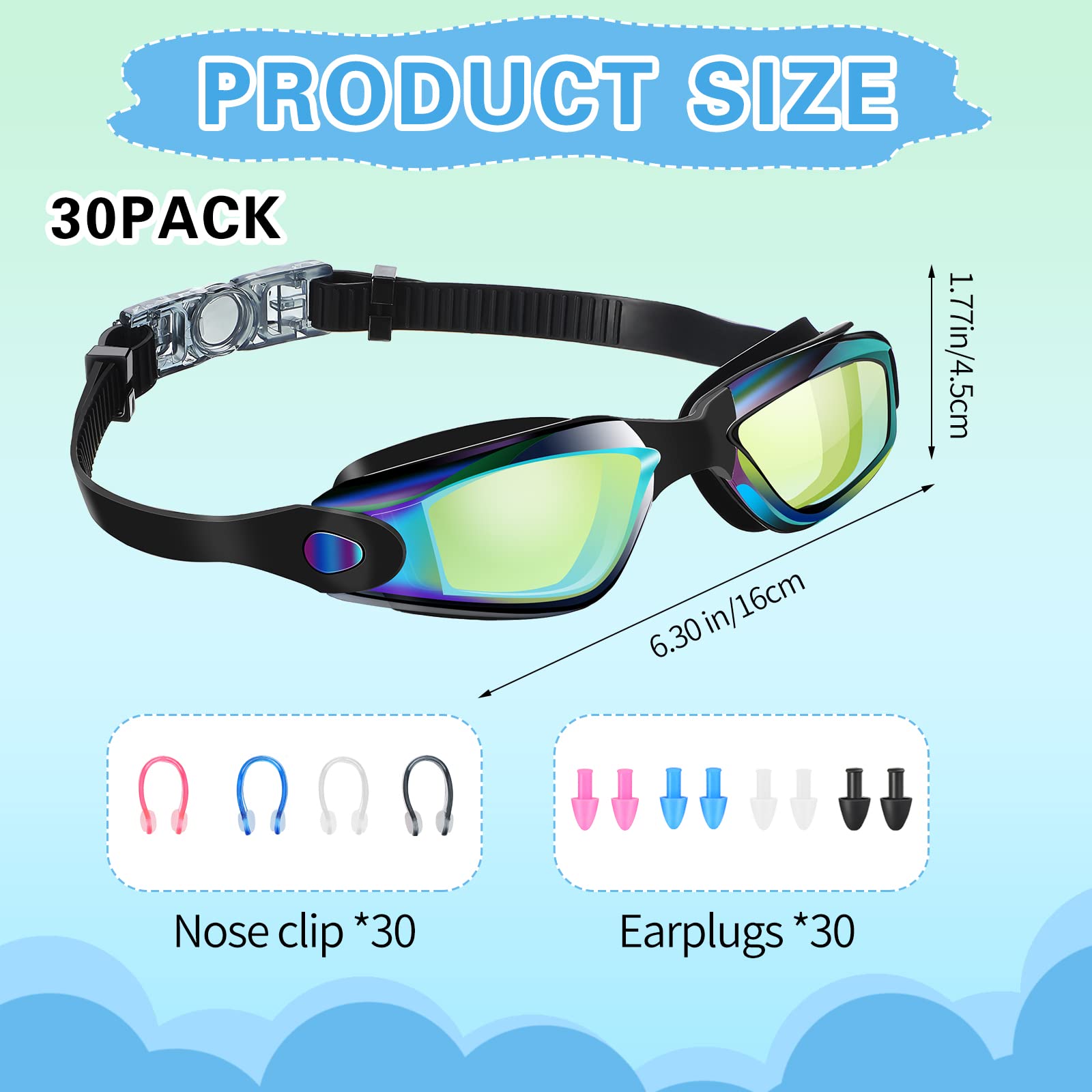 30 paia di occhialini da nuoto, anti appannamento, nessuna perdita, visione chiara, protezione UV, occhialini da nuoto estivi, ampia vista, occhialini da nuoto professionali, con clip nasale e tappi