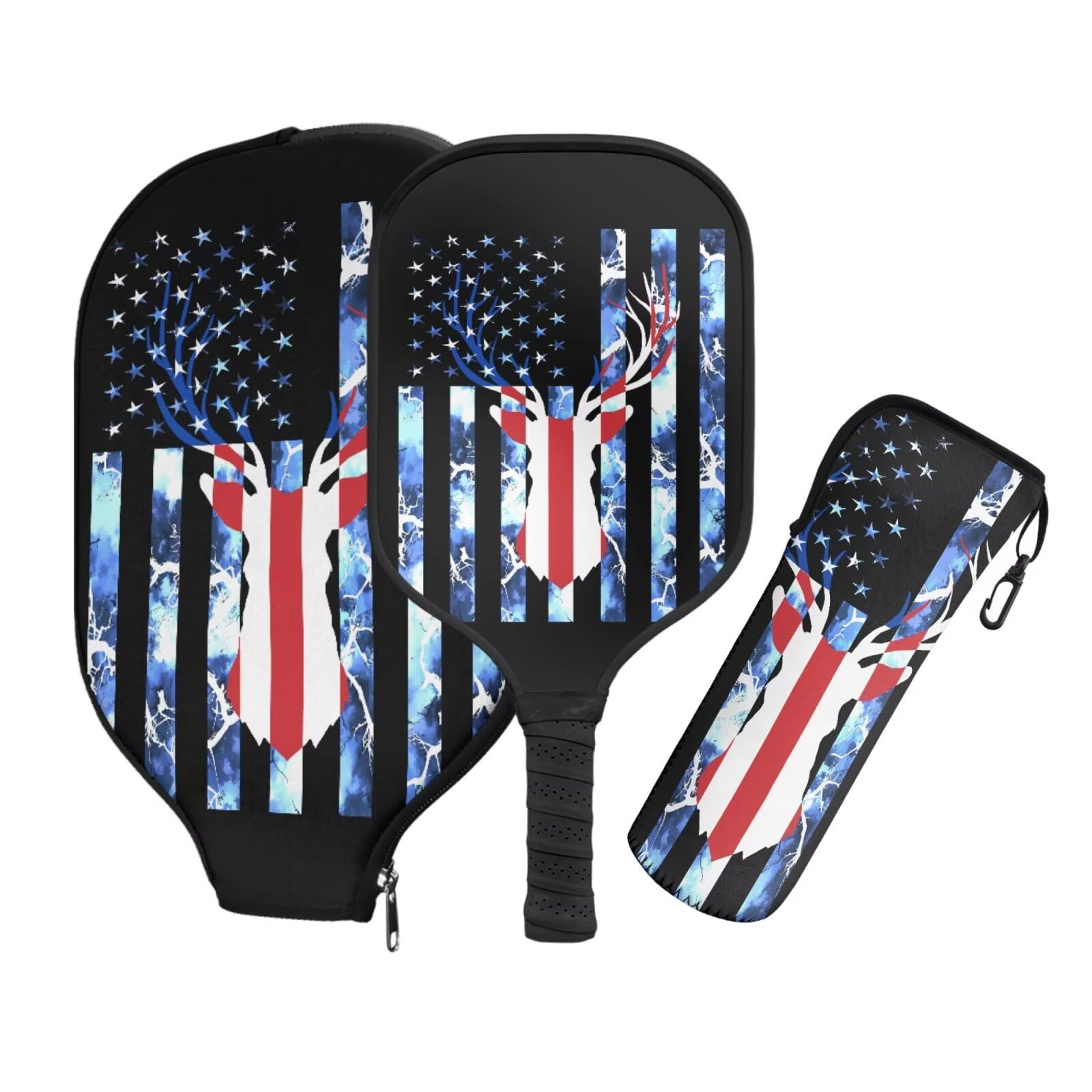 TSOVTHRID American Flag Reindeer Pickleball Paddles Set 3 Pieces Pickleball Paddle Covers Pickleball Paddles with Cushion Comfort Grip Pickleball Bag Pickleball Rackets for Adults and Teenager