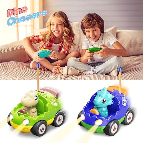 Miniatura 8 de Paquete de 2 autos de juguete a control remoto para niñas de 2, 3, 4 años, autos de carreras para niños pequeños, juguetes de dinosaurio para niños