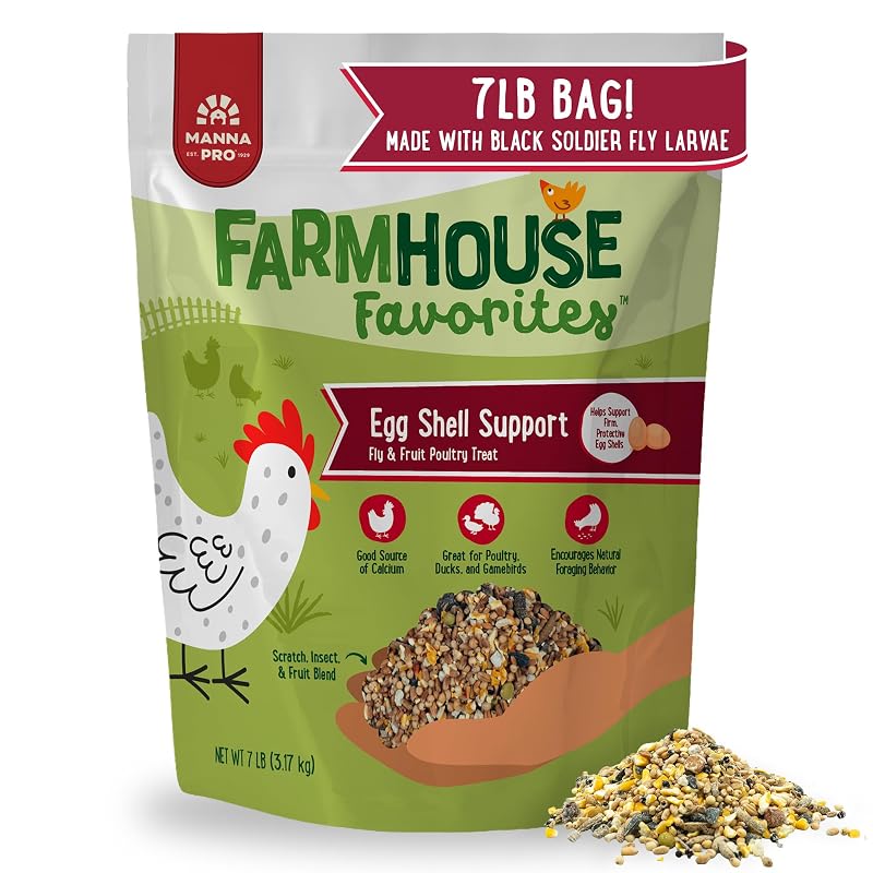 Petisco para galinhas e aves Farmhouse Favorites Fly & Fruit Egg Shell Support com cálcio Manna Pro, 3,18 kg