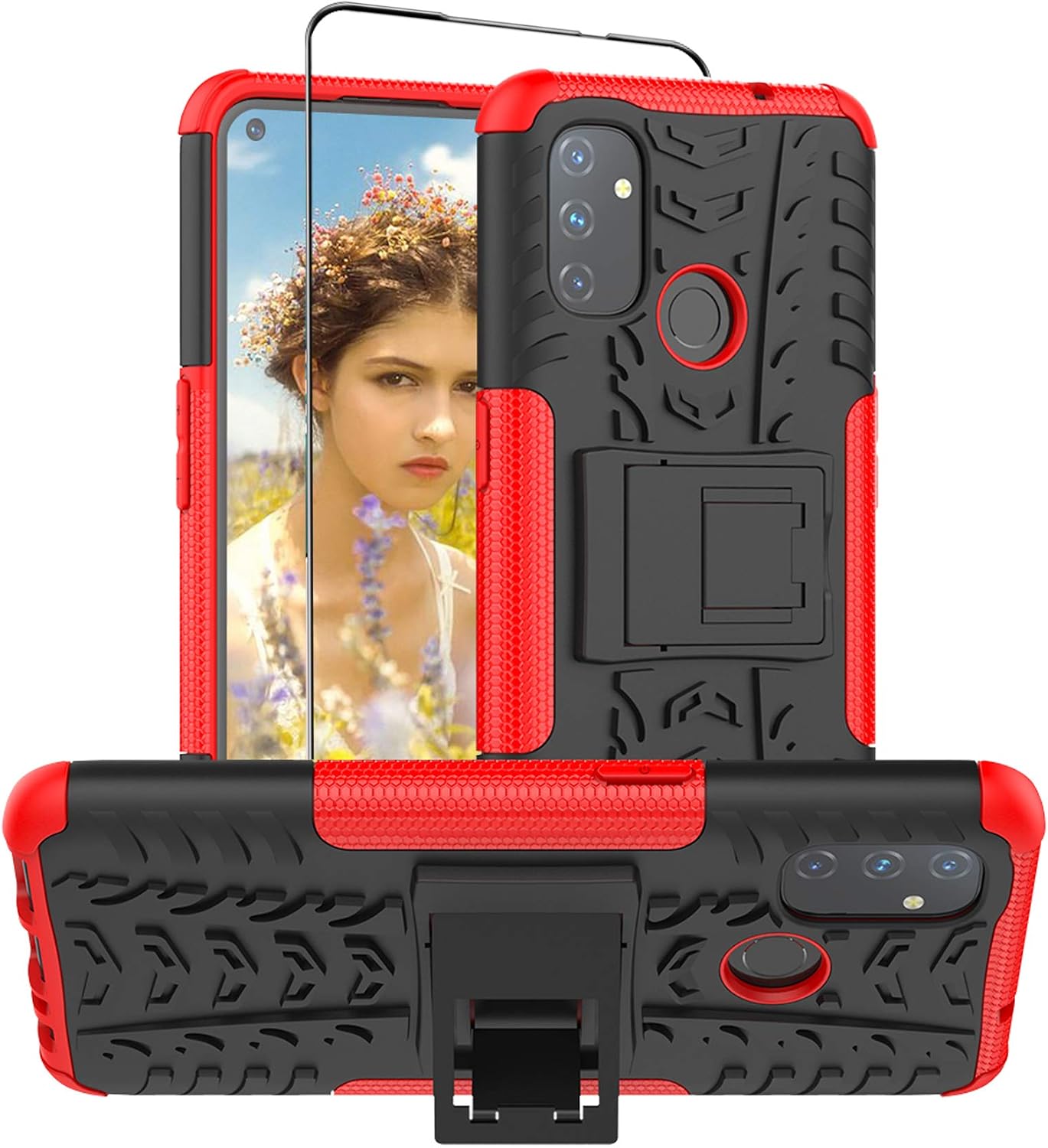 Starhemei for OnePlus Nord N100 Case with Tempered Glass Screen Protector, Case for 1+Nord N100, Double Armor with Kickstand Shock-Absorbing Phone Case for Oneplus Nord N100 (Red)