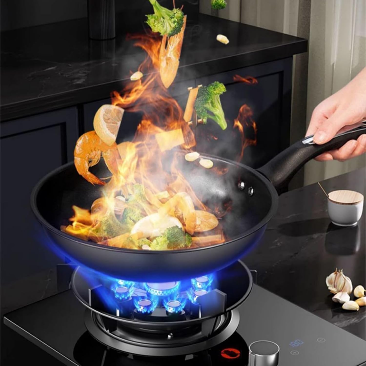 1 Burner Gas Stove,4.8KW 9-Chamber Fire Ring Frying Pan,Tempered Glass Cooktop,with Flameout Protection and Timer,NG/LPG Gas Conversion(LPG)