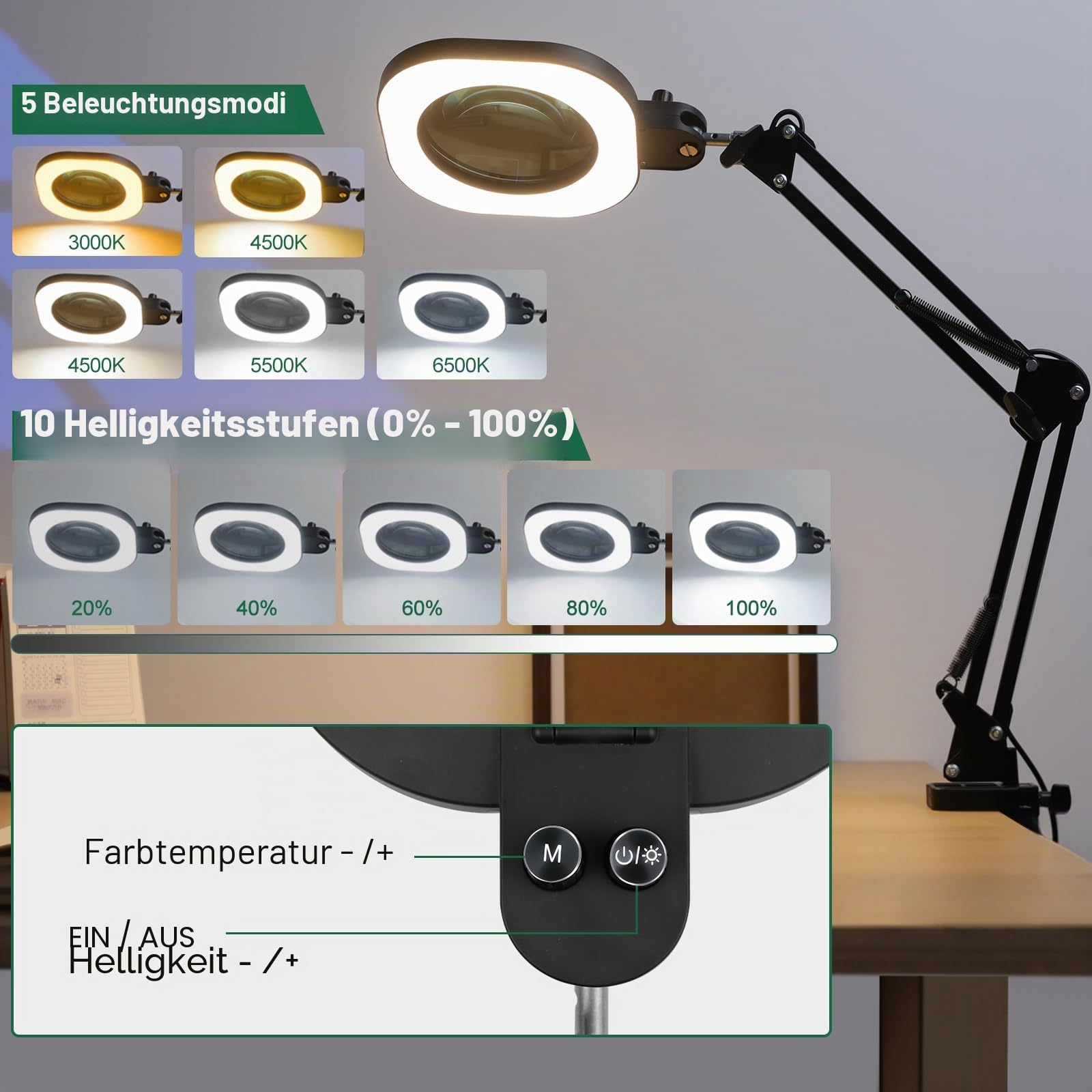 CGBE 2-in-1 Lupenlampe (Standfuß + Klemme) 10X Händefrei für feine Arbeiten | 4,84" Glaslinse Lupenleuchte mit Verstellbarem Schwenkarm 5 Farbmodi Stufenlos Dimmbar Höhenverstellbare Standlupe mit Licht