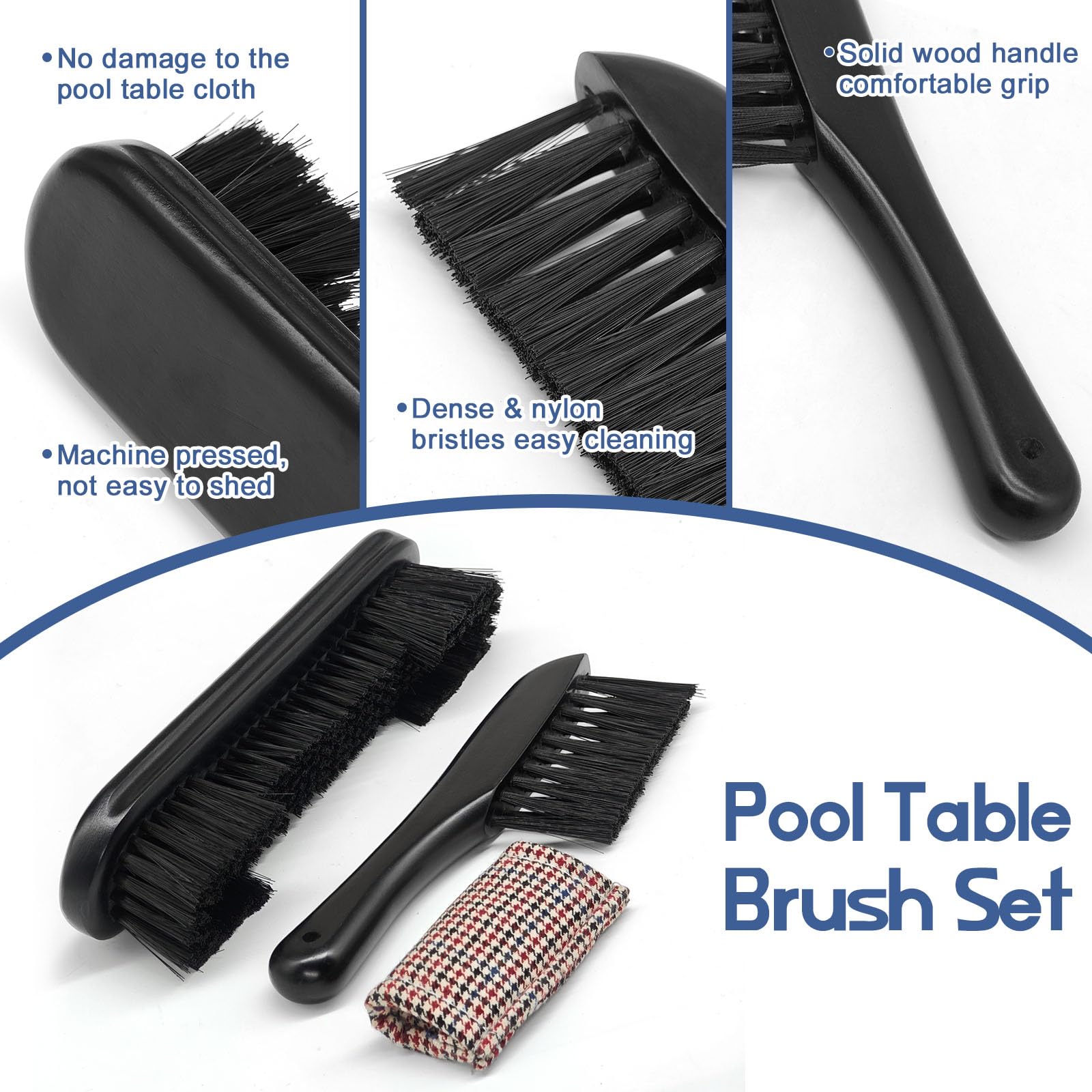 Naissgo Pool Table Brush Cleaning Kit with Cue Shaft Cloth, Solid Wood Handle & Soft Nylon Bristles - Image 2