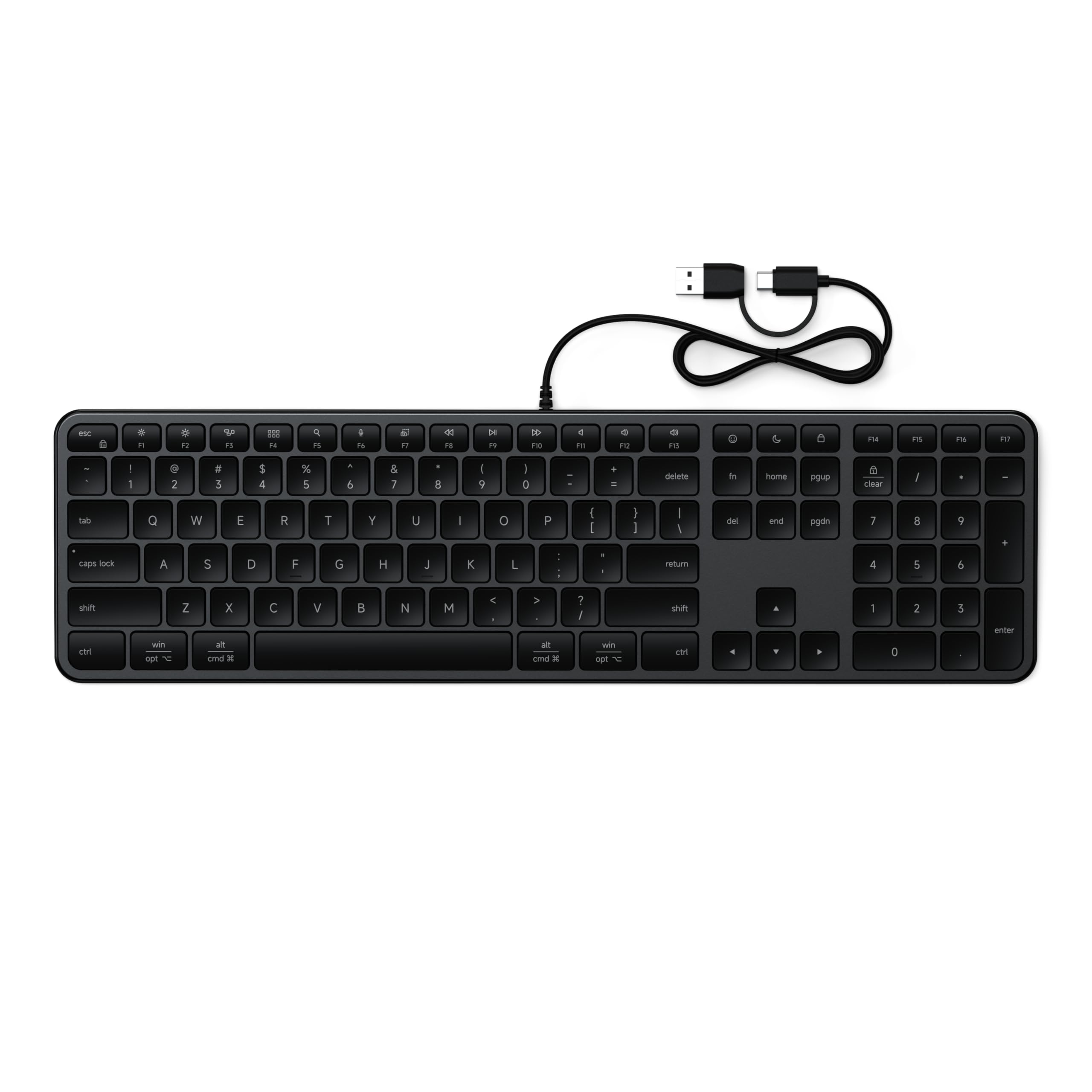 Satechi Slim LX3 Wired Keyboard, Cross-Platform OS Switching, Space Black | Full-size layout, USB-C or USB-A connectivity, for Mac and PC setups