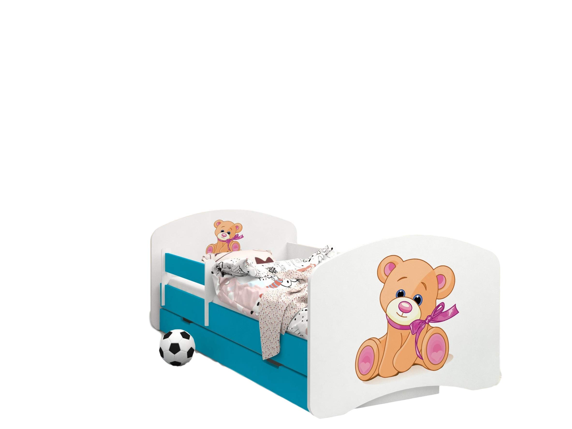 Happy Babies – dwustronne łóżko dziecięce z szufladą Nowoczesne wzornictwo z bezpiecznymi krawędziami i zabezpieczeniem przed upadkiem materac piankowy 7 cm niebieski (miś z łukiem, 180 x 90)