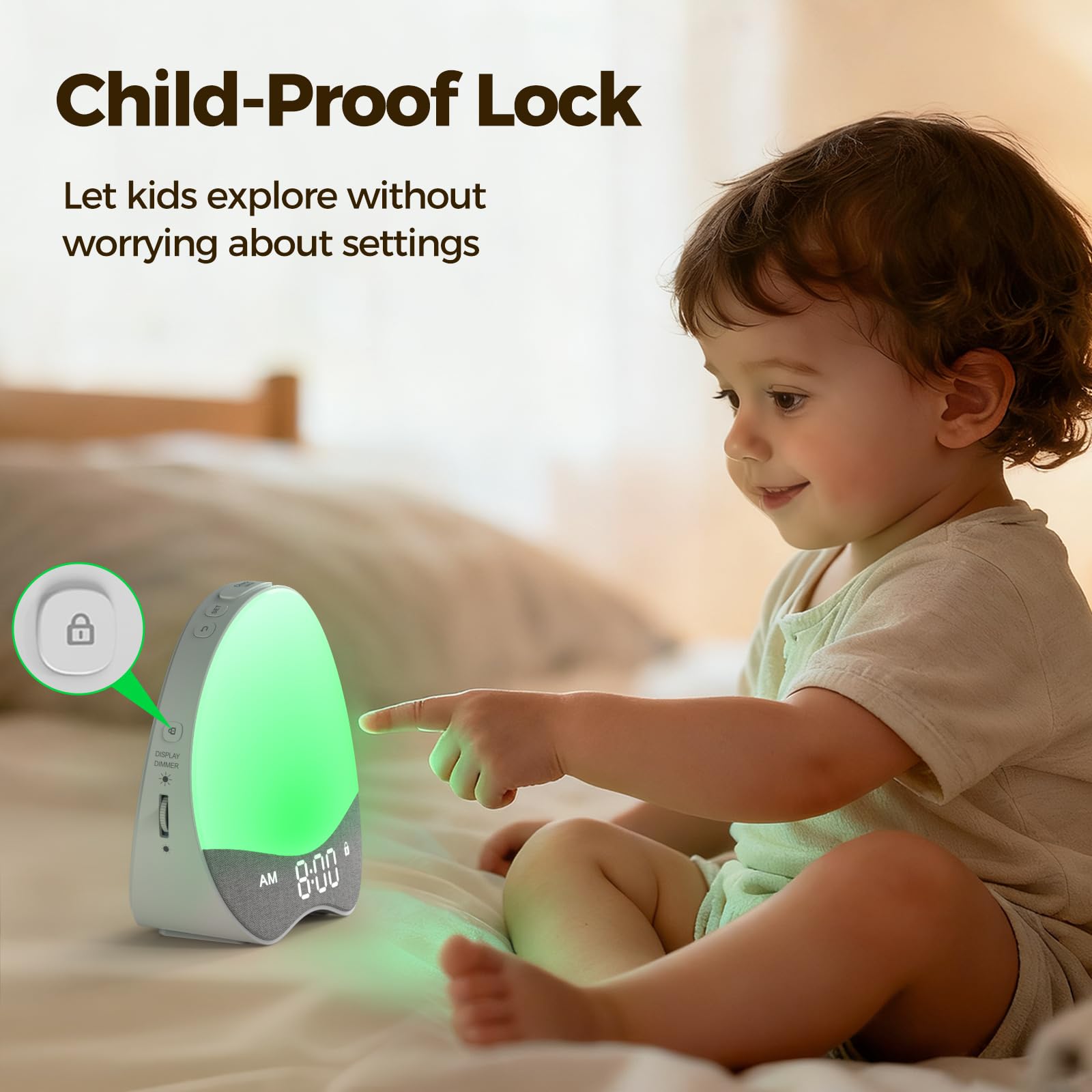 Welgo Ok to Wake - Reloj despertador para niños, entrenador de sueño con luz nocturna, máquina de sonido, pantalla de tela regulable, 21 melodías relajantes, temporizador de despertador, bloqueo