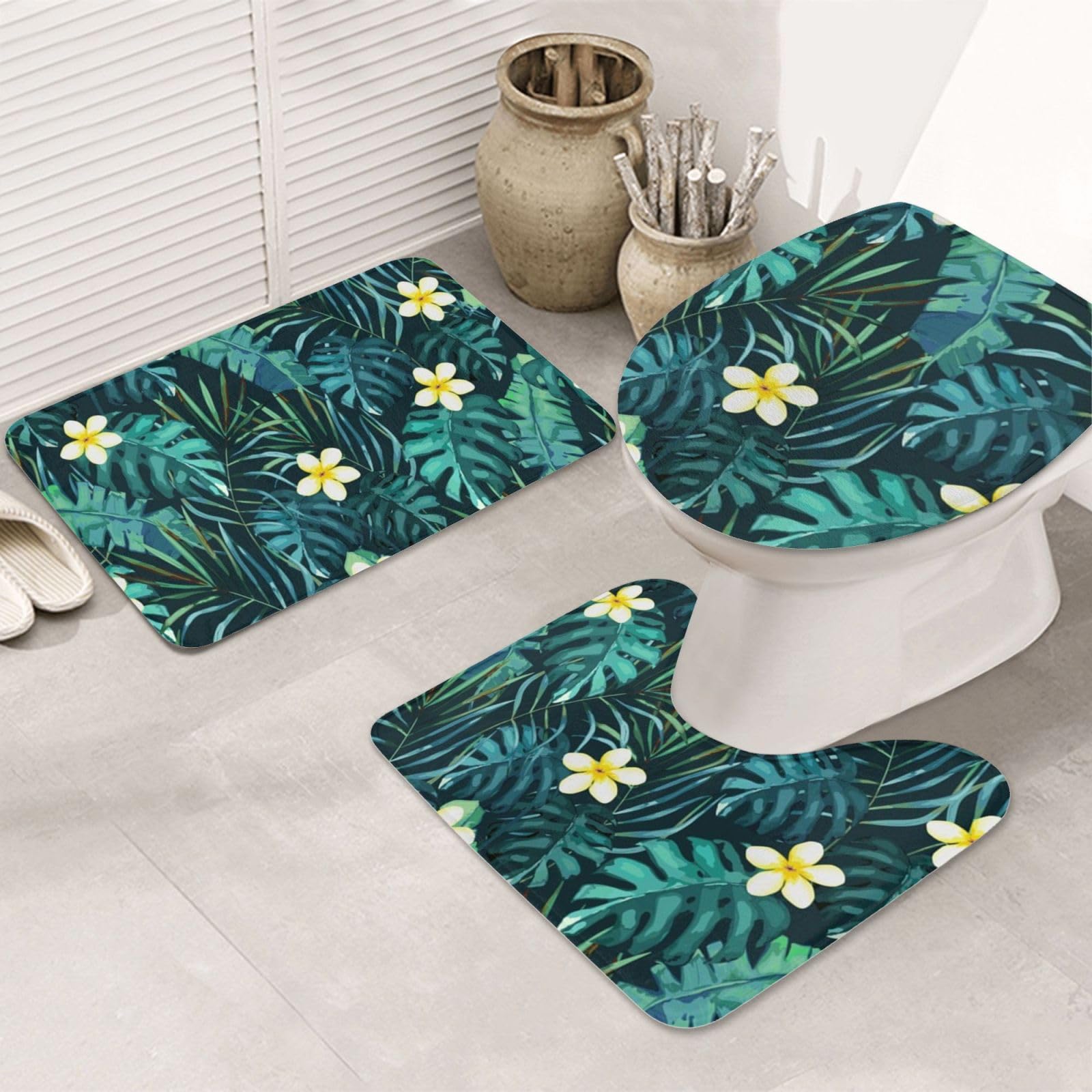 Set di 3 tappetini da bagno hawaiani in flanella morbida antiscivolo con coperchio per la decorazione della casa