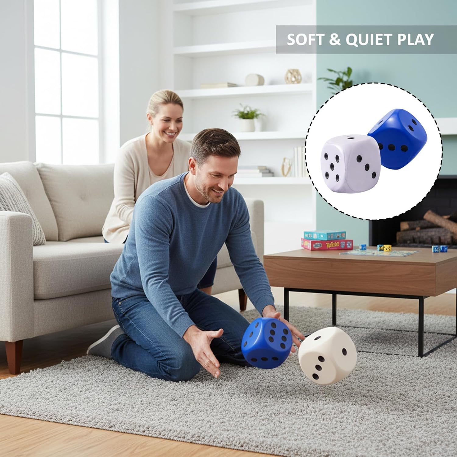 2PCS 3inch Jumbo Dice, Large Foam Dice for Classroom Learning and Family Game Nights, Giant Dice Foam Set of 2 in Blue and White