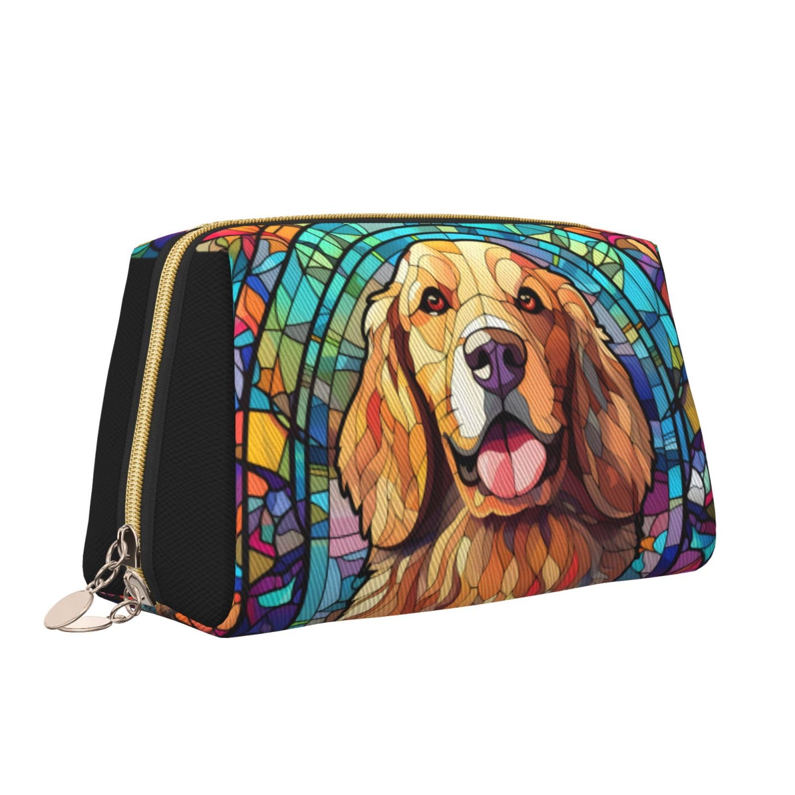 Novgift Golden Retriever Stained Dog Breed Glass Art Leather Makeup Bag Travel Cosmetic Bag For Women Large Capacity Makeup Pouches