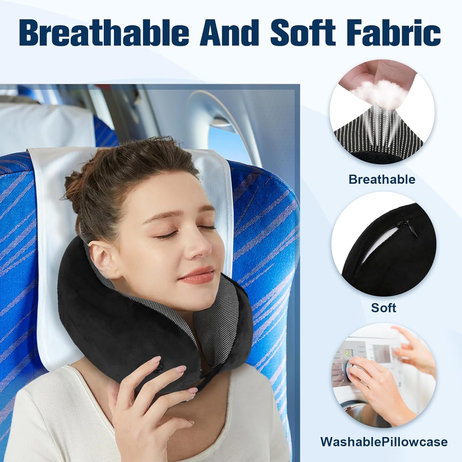 Almohada de viaje para adultos, almohada de cuello de espuma viscoelástica ajustable para aviones y vuelos de larga distancia, soporte ergonómico portátil con bolsa, máscara de ojos y tapones para los