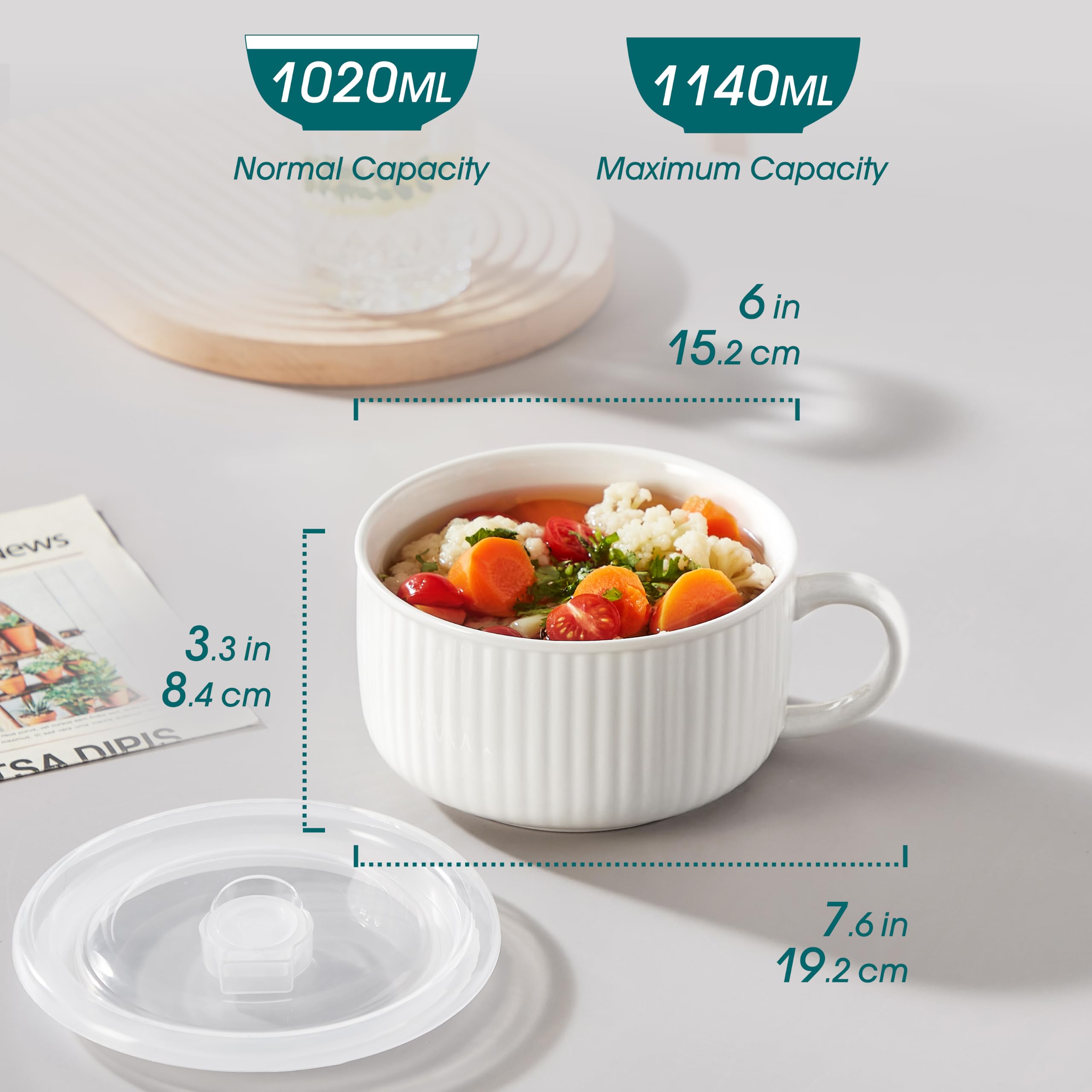 vancasso Bols à Soupe en Céramique 1020 ml, Bols à Ramen avec Poignée | Tasse de Soupe blanc avec poignée et couvercle en silicone ventilé, Bols de Soupe pour ramen, pâtes, céréales et salade