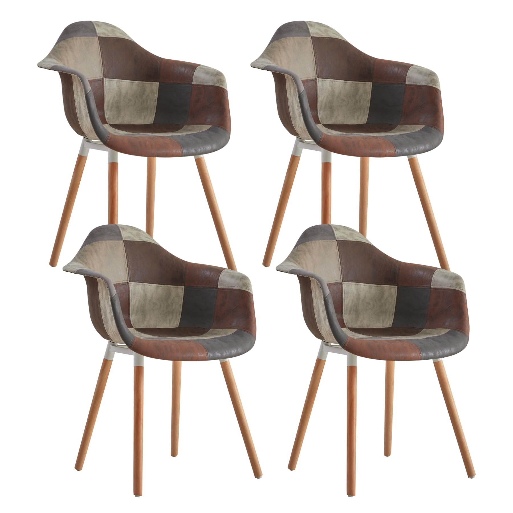 GrandCA HOME 4er-Set Esszimmerstühle, nordische Küchenstühle, gepolsterte Stühle mit Armlehne aus Patchwork-Stoff, Moderne Sessel mit Beinen aus Buchenholz, Braun+Grau