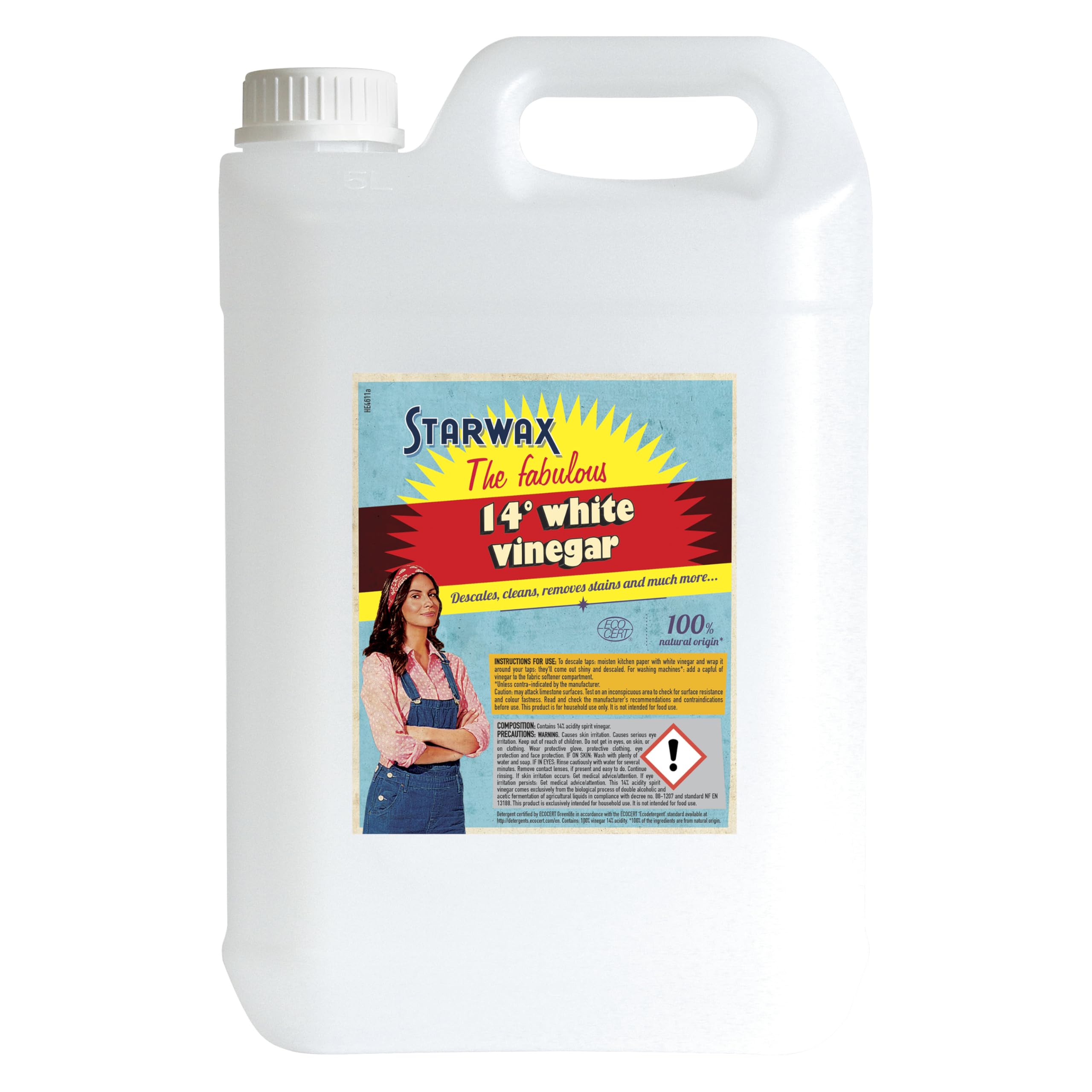 STARWAX THE FABULOUS - 14° Household White Vinegar - Descales, Degreases, Softens Water, Removes Stains - Unscented - 100% Ingredients of Natural Origin - 5L